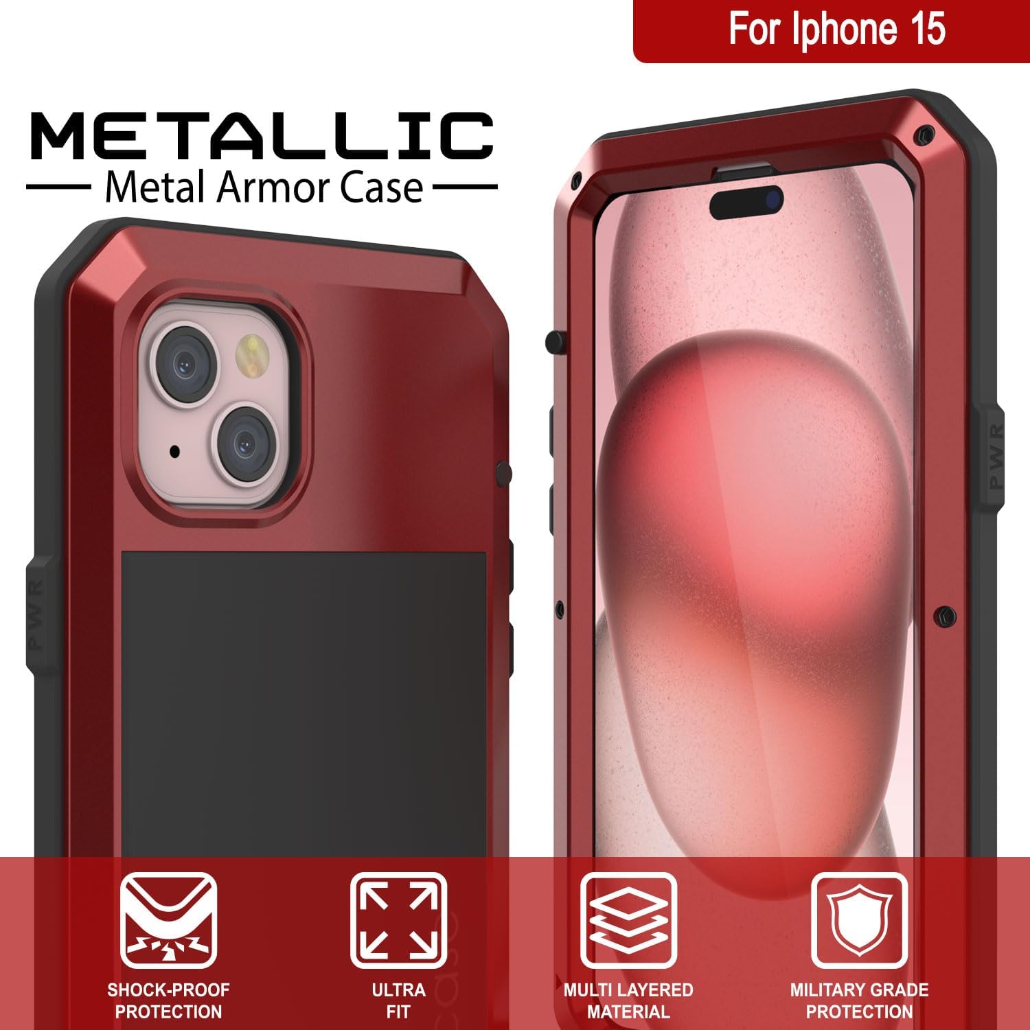 Punkcase for iPhone 15 Metal Case | Heavy Duty Military Grade Armor Cover | Hard Aluminum & TPU Design W/Tempered Glass Screen Protector for iPhone 15 (6.1") (2023) [Red]