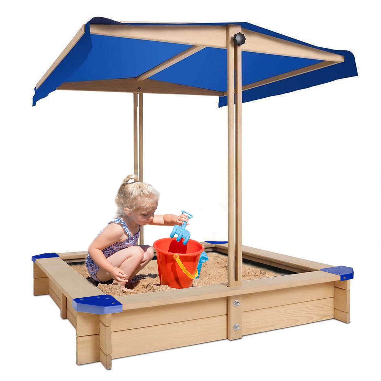 Kids Sandbox with Cover Wooden Outdoor Sandbox with Canopy Adjustable Height and Rotatable Canopy and Bottom Liner Black for Backyard, Home, Lawn, Garden, Beach
