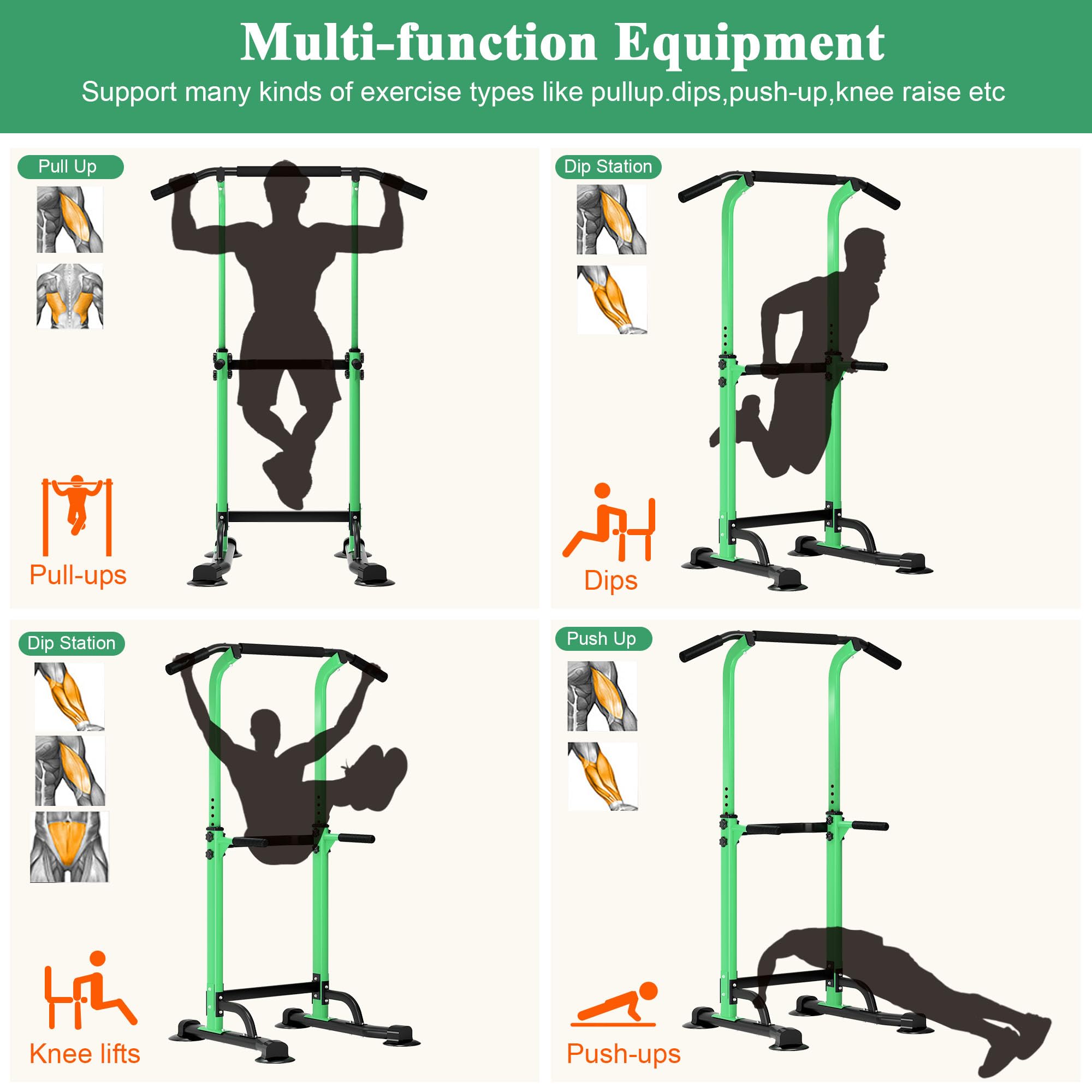 DlandHome - Silla romana con musculación, ajustable, dips, tracción, barra de tracción en los pies, estación de tracción abdominal, reposabrazos, fitness, color verde y negro