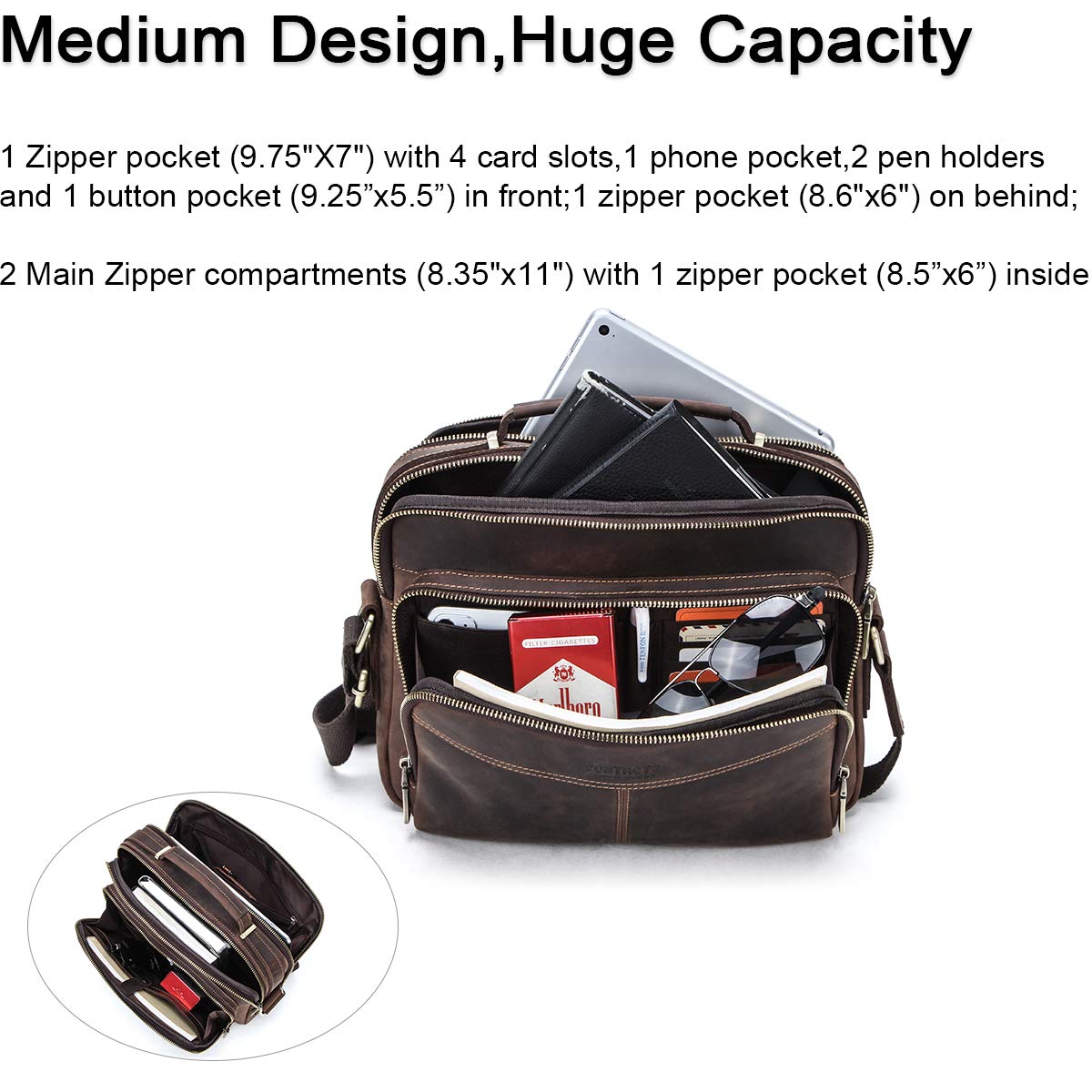 Contacts Borsa in pelle da uomo,Tracolla Uomo Borselli,borsa a tracolla da viaggio retrò, borsa a tracolla multifunzione casual Ipad Borsa a Spalla da Lavoro Crossbody Bag per Ufficio Scuola