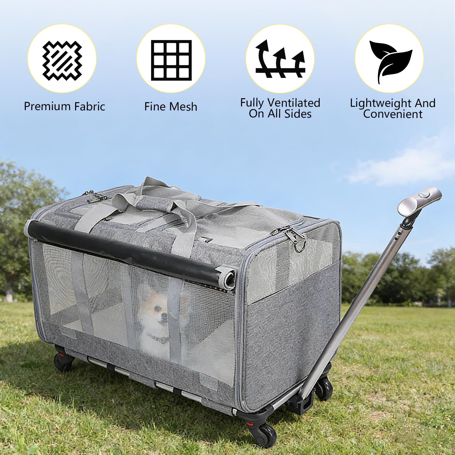Sac de transport à roulettes pour chat, double compartiment, pour 2 chats et petits chiens, charge jusqu'à 16,3 kg, idéal pour les voyages, la randonnée, le camping, gris