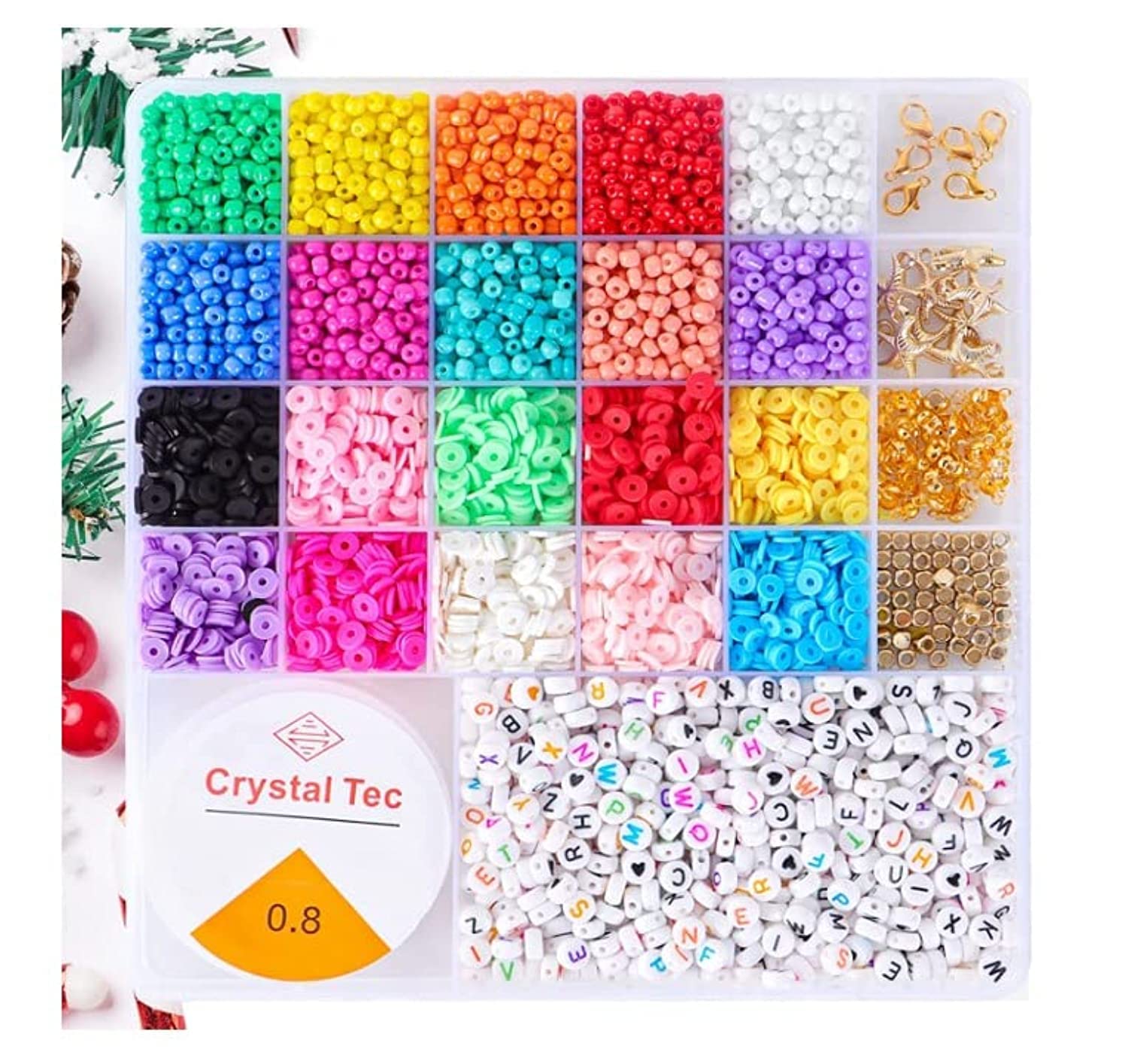 6000Pcs Clay Beads & Glass Seed Beads Set with Letter Beads and Craft Rope, 26-Grid DIY Jewelry Making Kit for Bracelets, Necklaces & Earrings