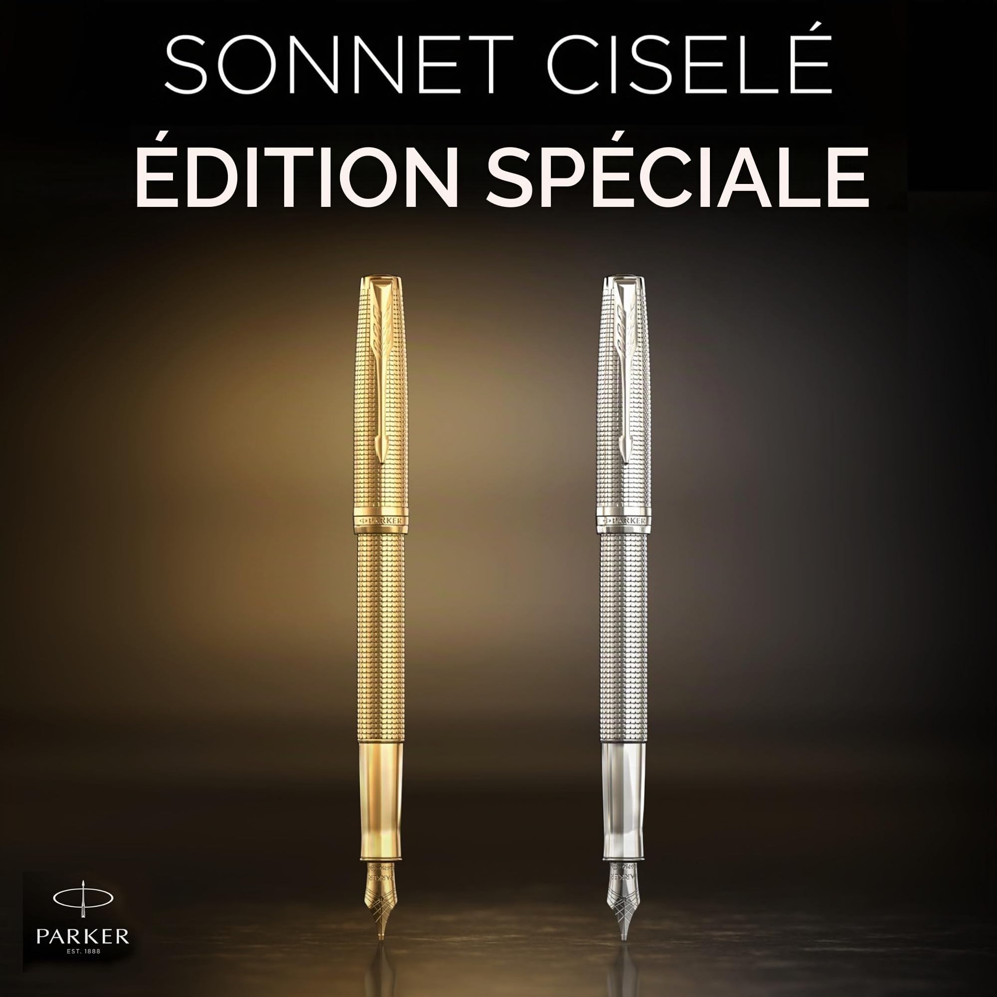 Stylo plume Parker Sonnet Ciselé Édition spéciale | Finition Palladium | Plume moyenne or massif 18 carats | Coffret cadeau