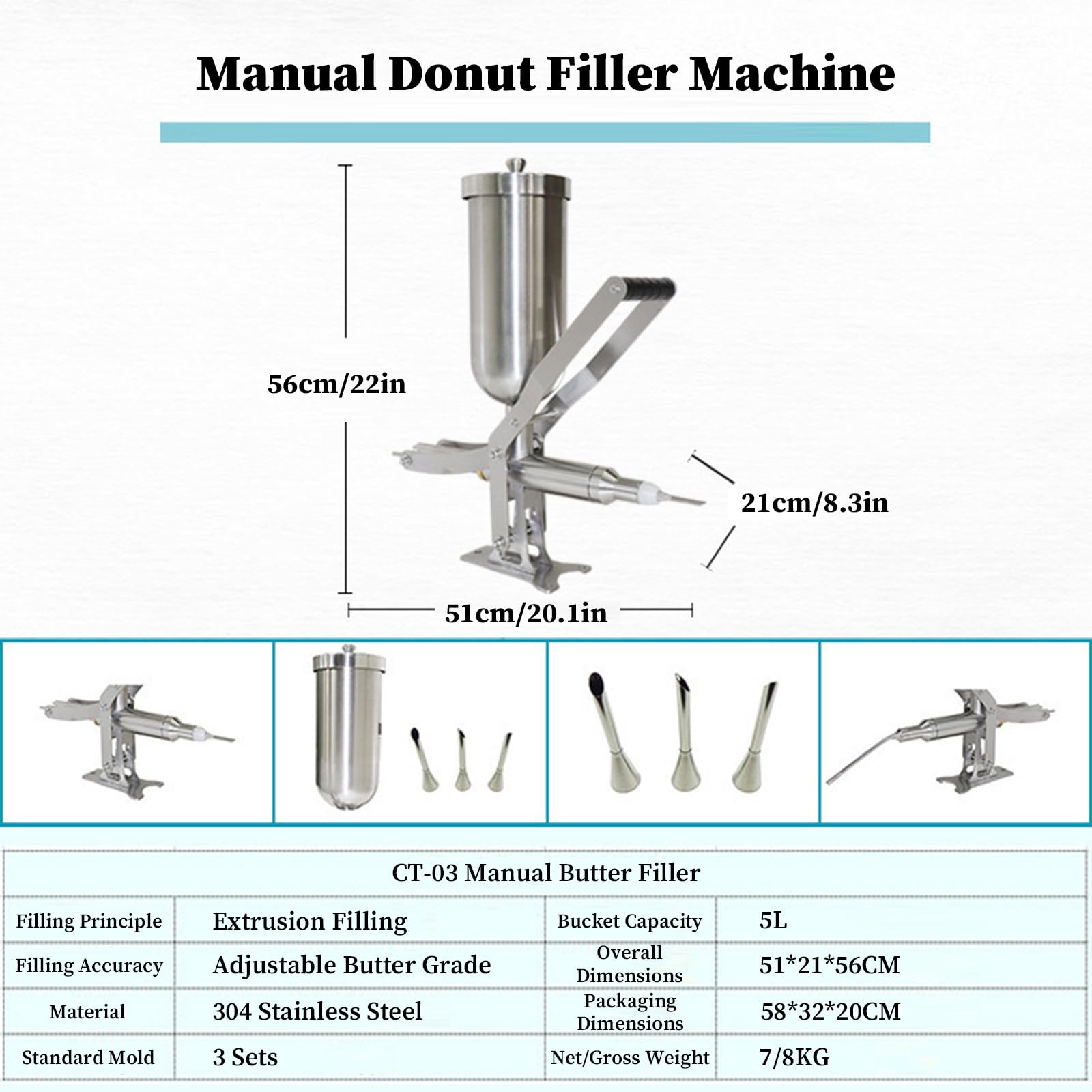 Máquina para Rellenar Donas de 5 litros, Rellenadora de Churros, Acero Inoxidable con 4 Boquillas, Precisión ±1g Equipamiento para Pastelerías CT-03