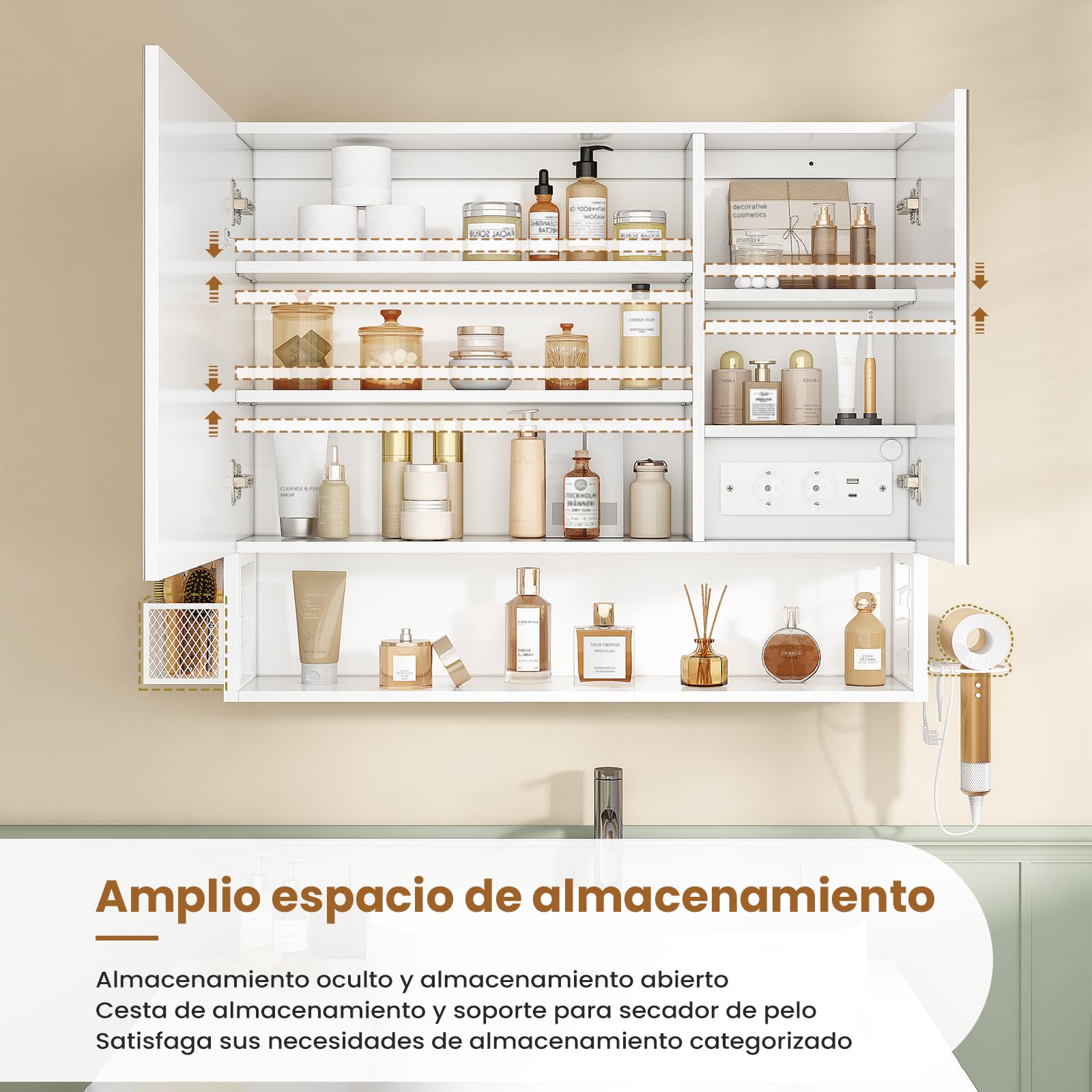 Armario Baño con Espejo 80x16x70 cm, Espejo de Baño con Luz LED y Estantes Regulables, Armario Espejo Baño con Almacenamiento y Enchufe Múltiple, Interruptor Táctil, 2 Puertas Espejo, Blanco