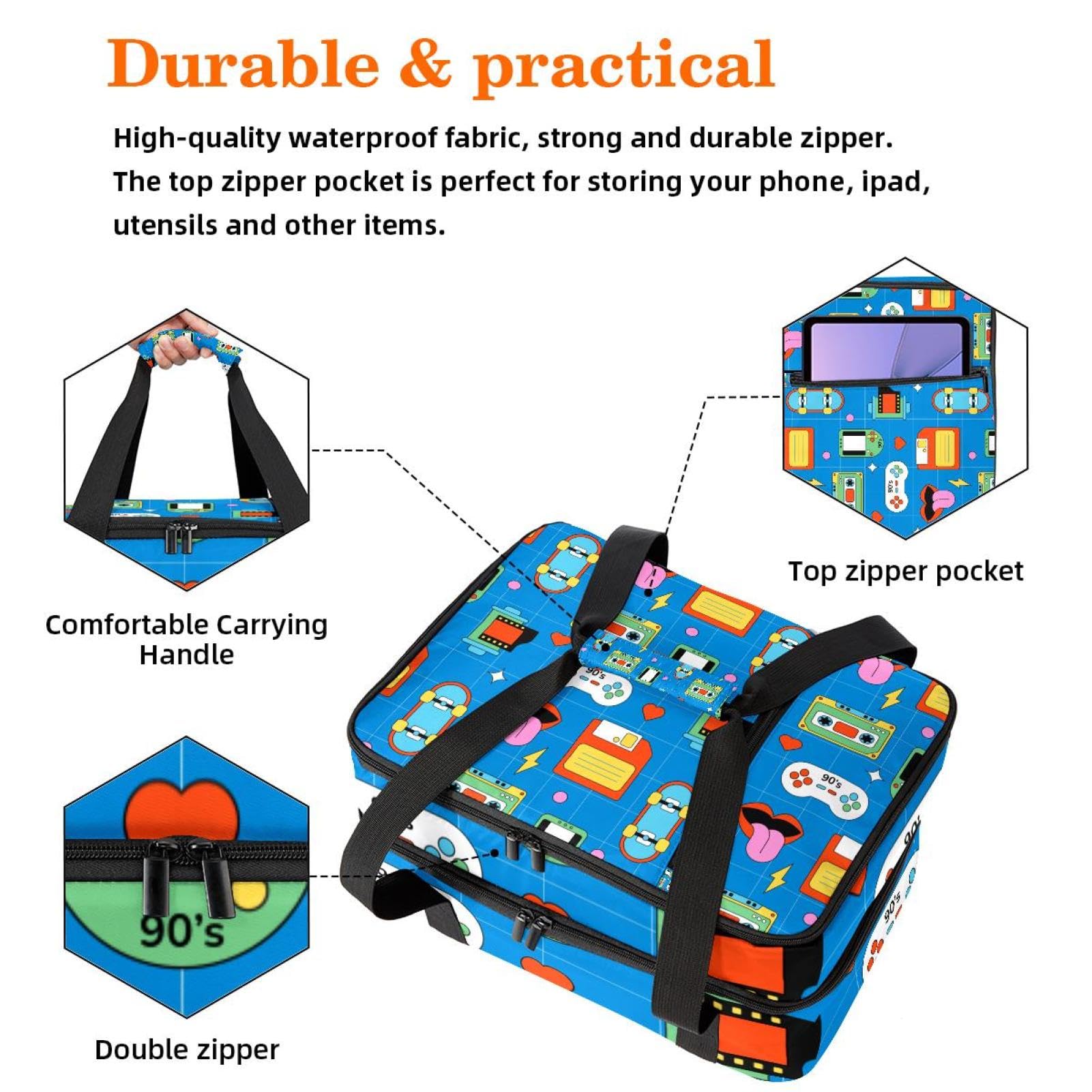 Grand sac à déjeuner isotherme pour homme et femme, double couche, étanche, étanche, réutilisable, sac fourre-tout pour le travail, l'école, le pique-nique, la plage, le camping, les voyages, motif