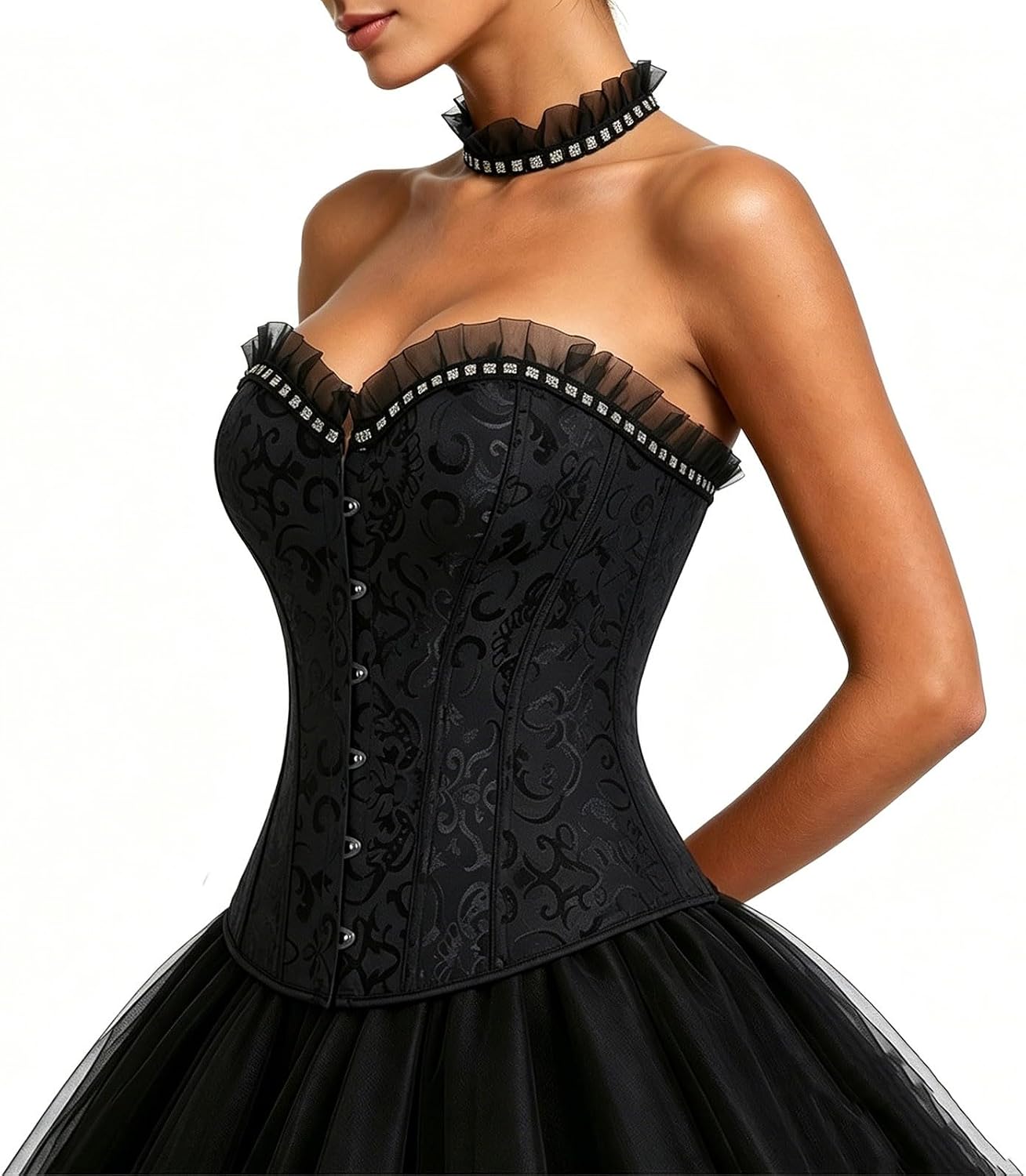Women's Black Gothic Jacquard Corset Top Rhinestone Bustier Clubwear | Womens Bodysuit Corset Orange For Women Pirate Dress Festival Outfits Plus Size Renaissance Sexy Going Out Tops Corsets