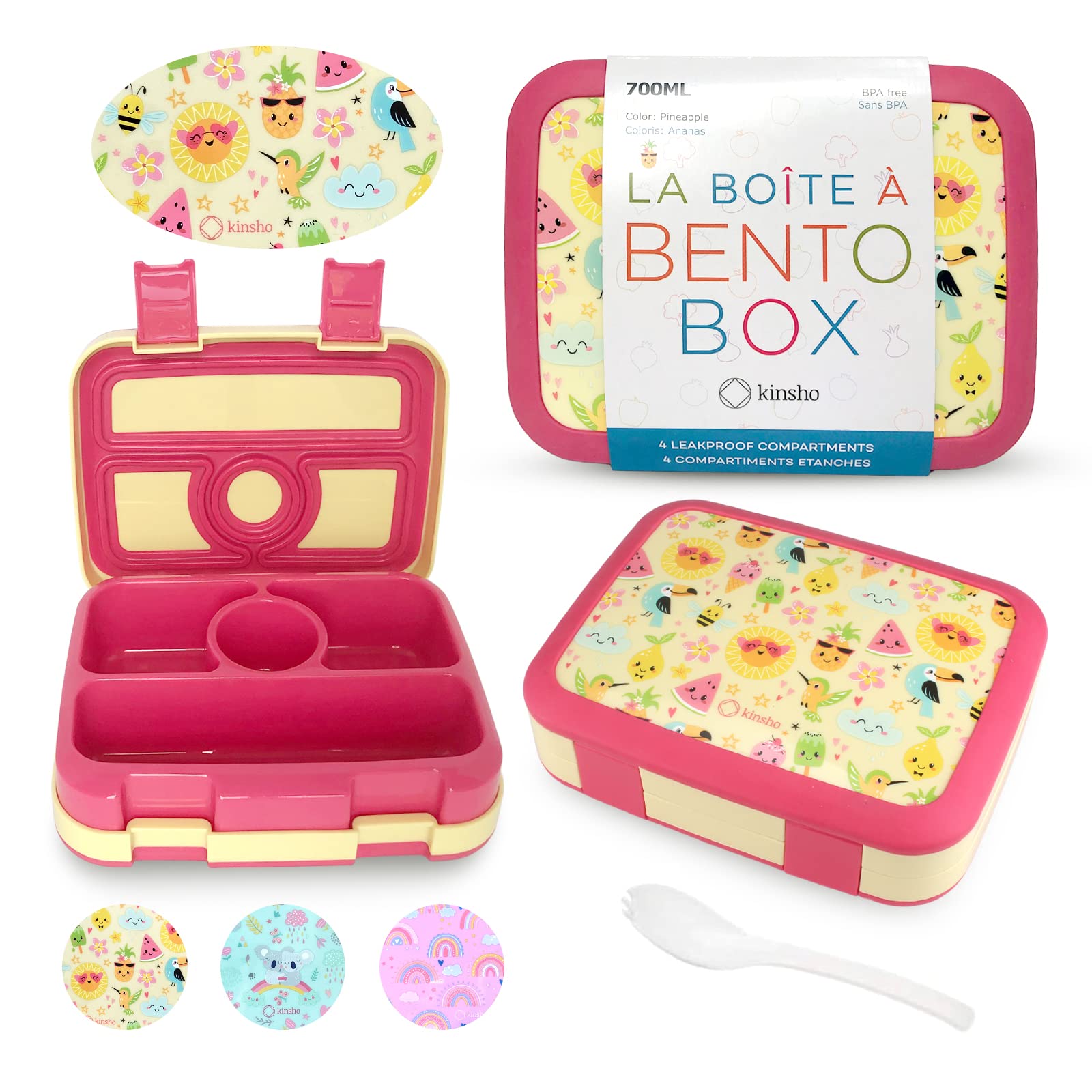kinsho Bento Lunch Box for Kids Toddlers Girls, 4 Portion Sections Secure Lid, Microwave Safe BPA Free Removable Tray, Pre-School Kid Daycare Lunches Snack Container Ages 3 to 5, Cute Summer