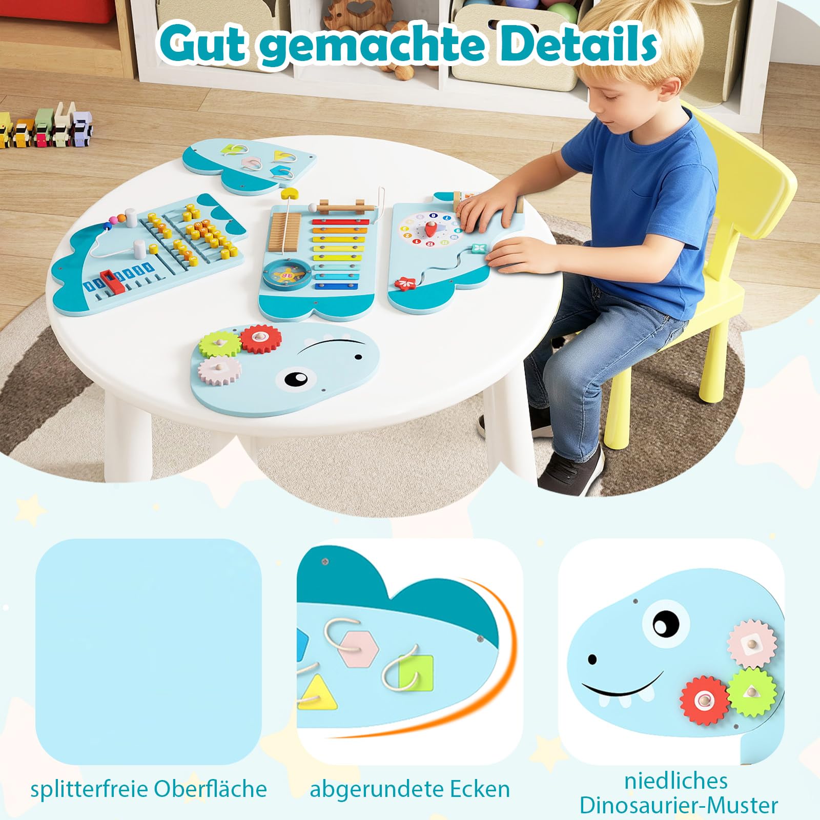 COSTWAY Montessori Motoriekbord, 11-w-1 Deska zabaw z drewna z blokami i ksylophonem oraz abakusem, zabawka Montessori, deska zabaw dla dzieci od 1 roku życia (niebieski)