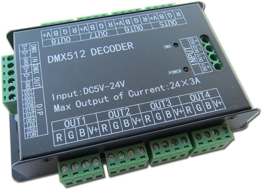 High Power 24 Channel 3A/CH DMX512 Controller Led Decoder Dimmer For Project 500Hz Flicker Free Smoother Dimming DMX Signal Indicator Flashes Function DC 5V-24V