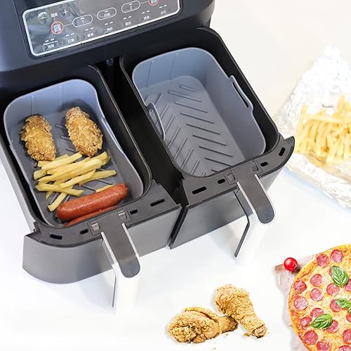 Miniatura 2 de KINLYBO 1 freidora de aire de silicona para freidora de aire doble ninja, cesta rectangular de silicona reutilizable segura para alimentos con asas,