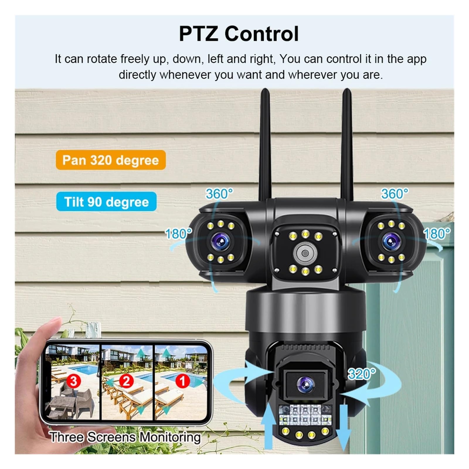 Telecamera IP Wi-Fi V380 PRO da Esterno 12 MP 6K, Triplo Obiettivo, Triplo Schermo, Monitor di Sicurezza, Visione Notturna, telecamere CCTV Impermeabili(EU Plug,Cam ADD 128GB Card)