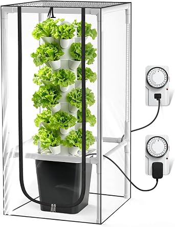 JESLED Hydroponics Growing System Kits, Dual Auto Timers with Full Spectrum Grow Lights, 6 Tiers Indoor Hydroponic Tower with Water Tank, Pump and Warmth & Humidity Cover for Herbs, Fruits and Veg