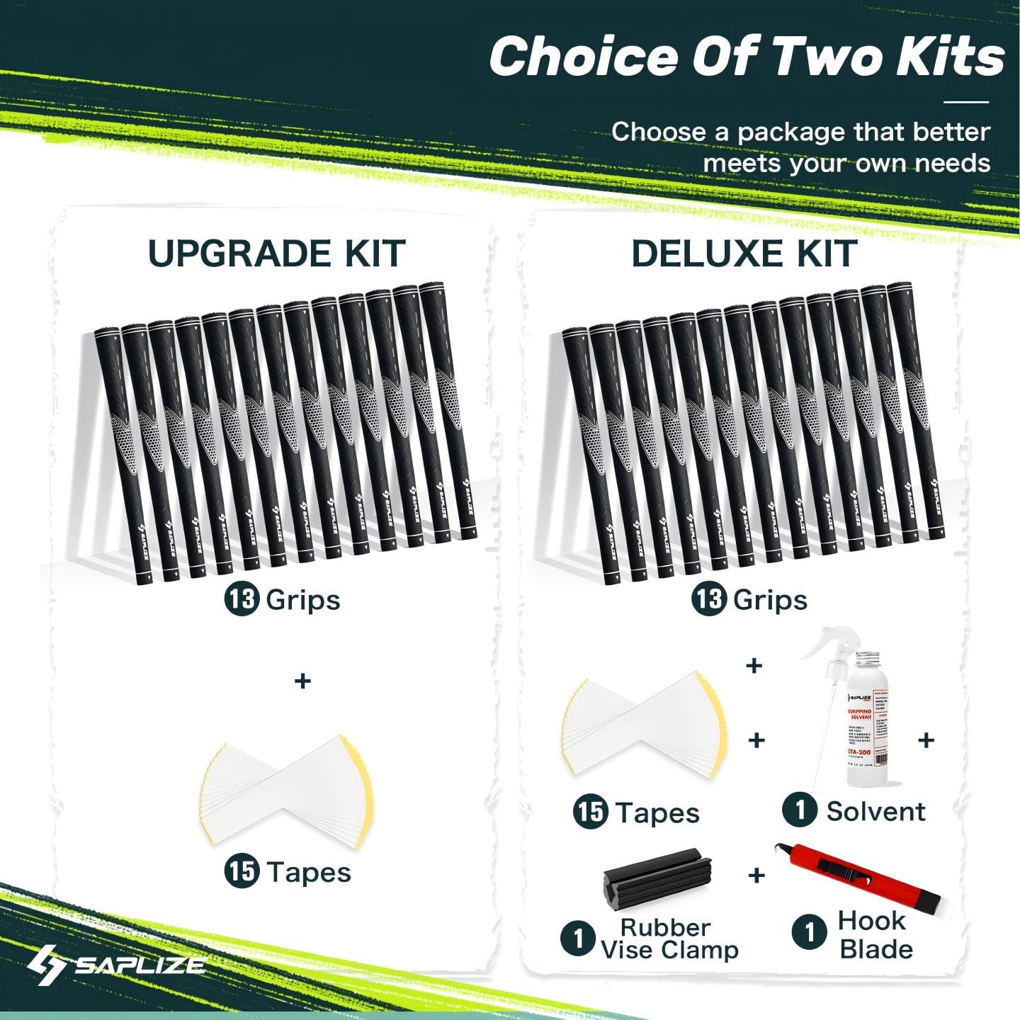 SAPLIZE Juego de 13 empuñaduras de golf, paquete con cintas o kit completo de regripping, jumbo, medio/estándar/inferior, empuñaduras de goma antideslizantes para palos de golf, color blanco, de gran