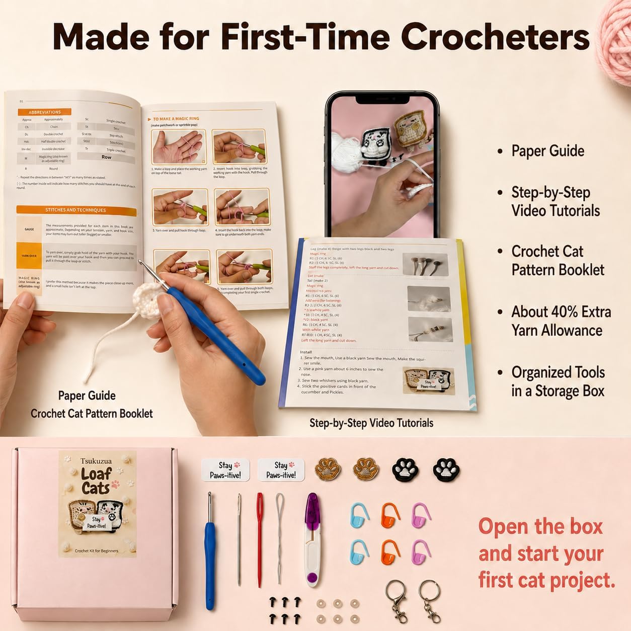 Tsukuzua Crochet Kit for Beginners, 2 Pack Loaf Cat Crochet Animal Kit for Adults, Step-by-Step Video Tutorials, with Paper Guide and 40% Extra Yarn, Cute Bag Charm for Cat Lover Gifts