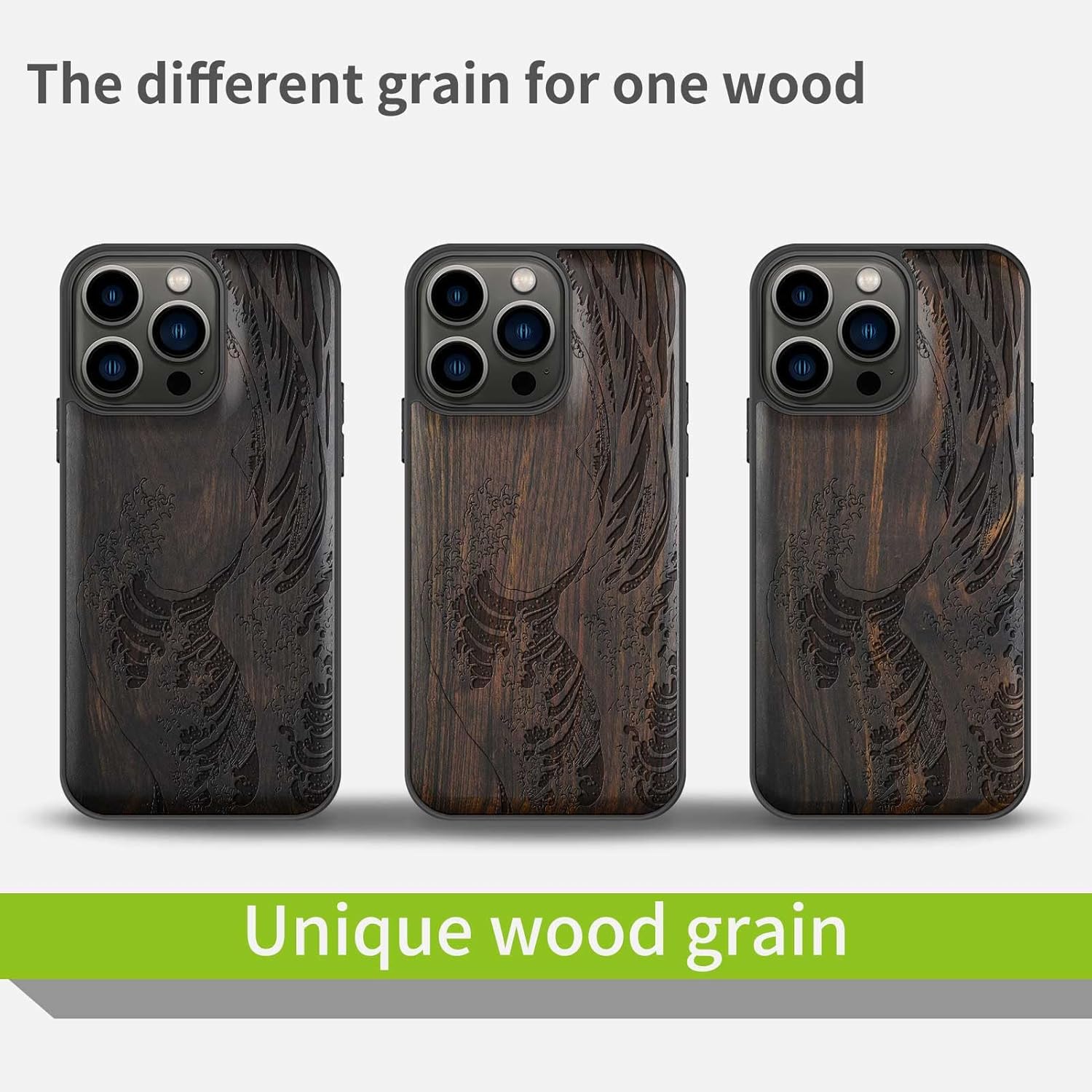 Carveit Magnetic Wood Case for iPhone 13 Pro - Natural Wood & Soft TPU Shockproof Cover Compatible with MagSafe Wireless Charging - The Great Wave Off Kanagawa - Blackwood
