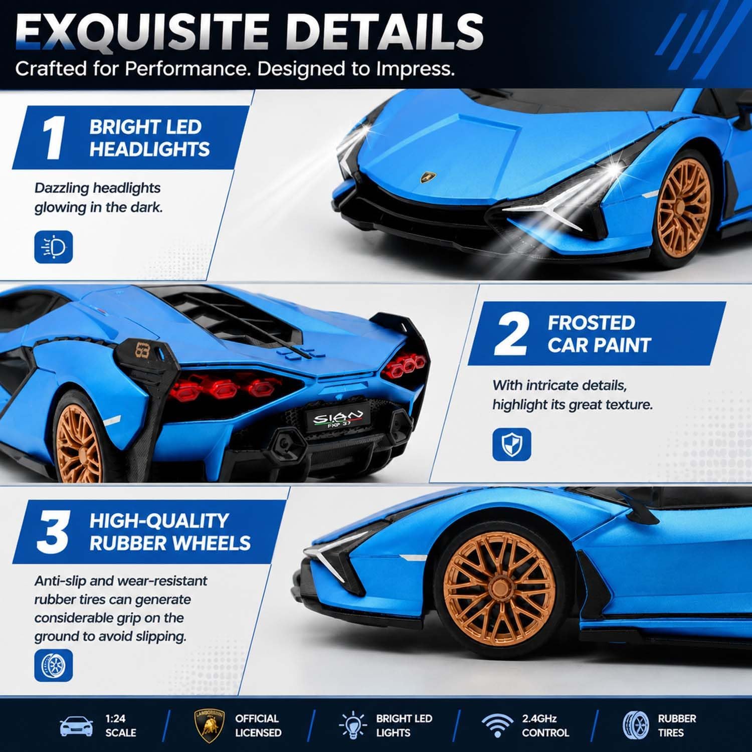 QUN XING 1:24 Licensed Lamborghini Remote Control Car 2.4G rc car, Blue image 2
