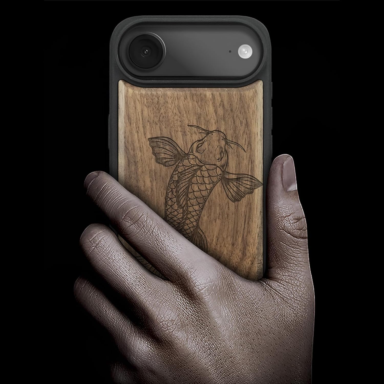 Carveit Magnetic Wooden Case for iPhone Air Case, Wood Artisan Engraved & Soft TPU Shockproof Cover, Compatible with MagSafe 17 Air Wireless Chargers (Majestic Koi Serenity) Walnut