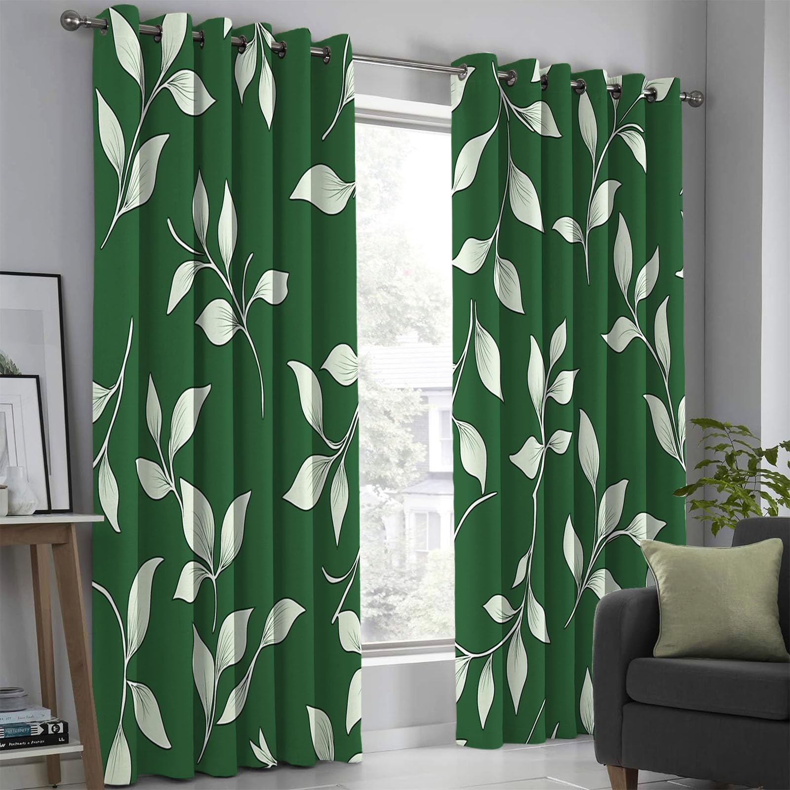 Cortinas Opacas con Estampado Plantas De Línea Dormitorio, 140×160 CM, con Estampado de Hojas Simples CaíDas con Ojales, Aislamiento TéRmico Verde, ReduccióN De Ruido, Juego De 2