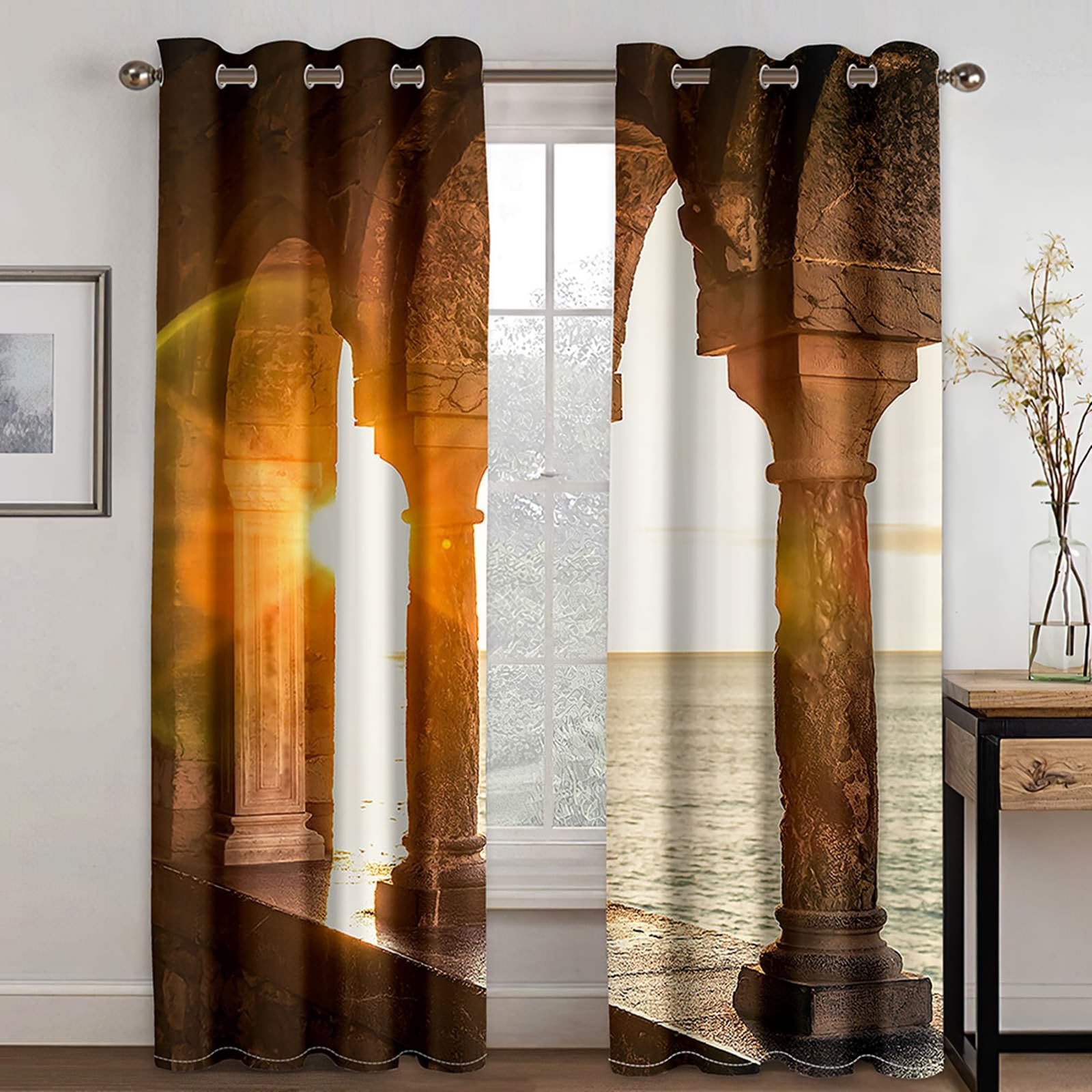Gualiy Vorhänge Ösen 2er Set Blickdicht, Vorhang 132x183 Retro Architektur und Sonnenuntergang Vorhang Verdunkelung