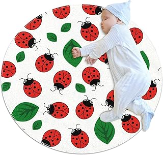 Tapis Rond Coccinelle sur Feuille Tapis Moelleux pour Le Salon de la Chambre à Coucher Salle de Jeux pour Enfants de Super Doux 80x80cm