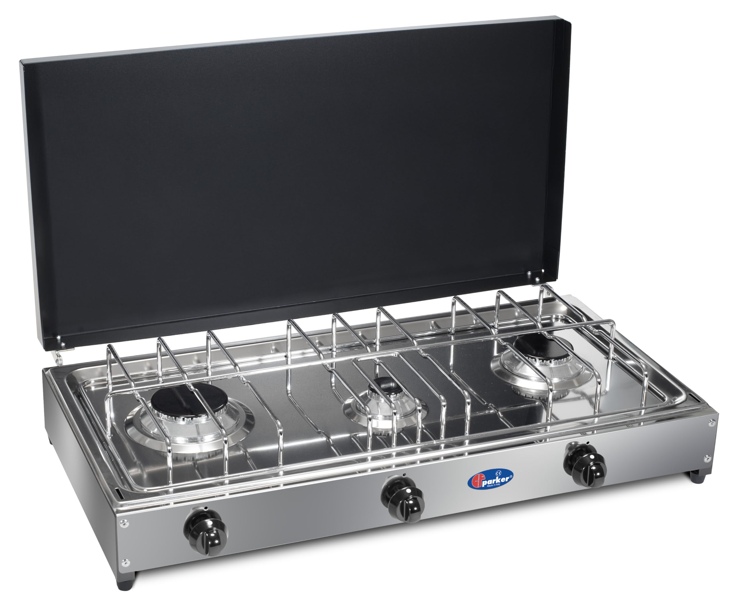 CFParker Fornello 3 Fuochi a Gas Gpl con Pianale in Acciaio Inox e Coperchio Grigio Grafite per Uso Esterno - 5523GSP