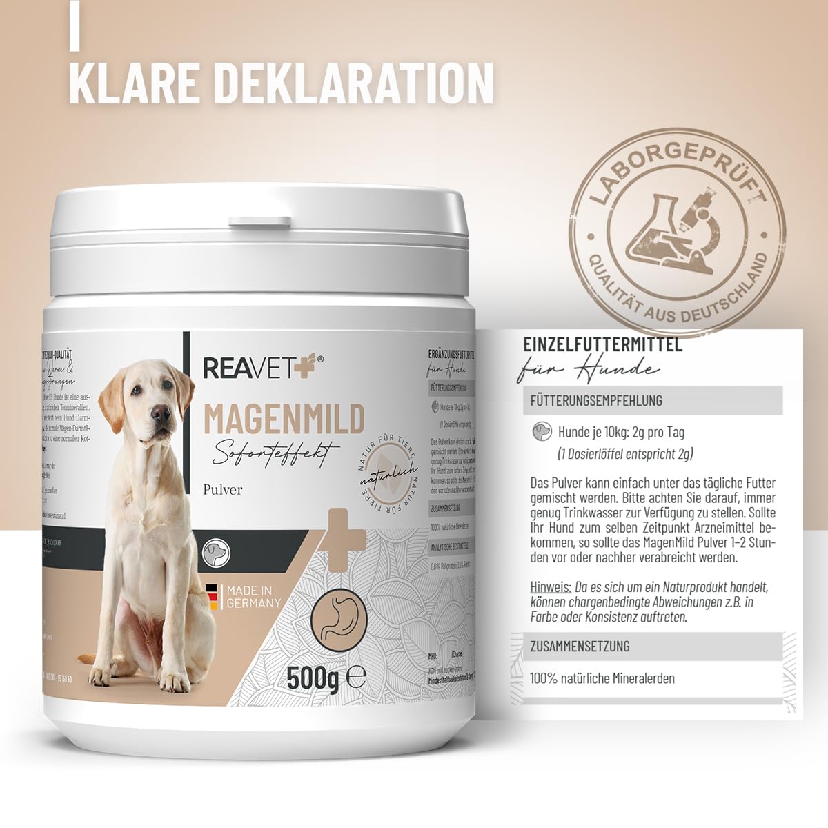 ReaVET MagenMild Poudre pour Chiens 500g - rééducation intestinale Chien Accumulation Flore intestinale, en Cas de diarrhée Chien, Gastro-intestinal Chien, Protection estomac Chien