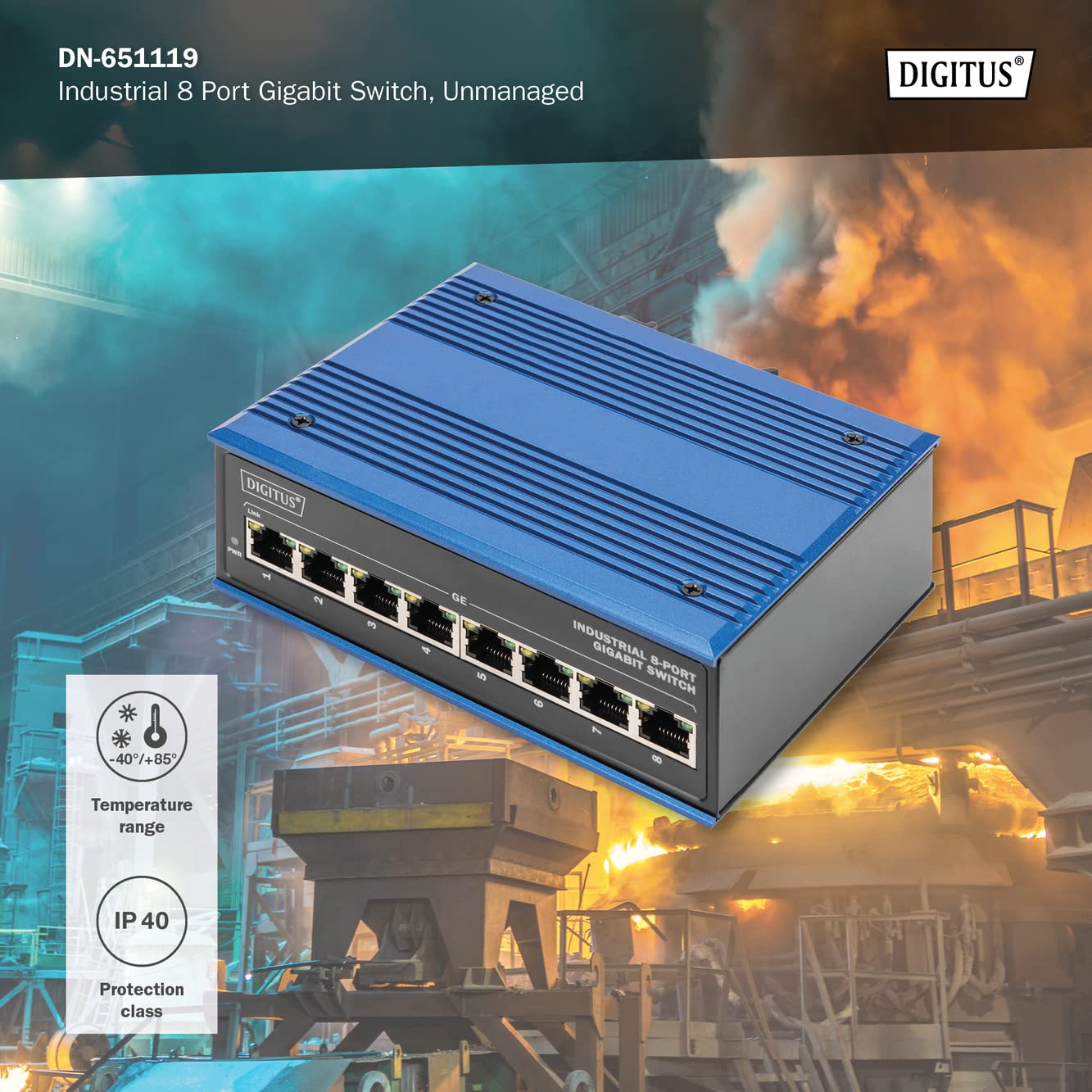 DIGITUS Conmutador de Red - Gigabit Ethernet de 8 puertos - Montaje en carril DIN - Bloque de terminales - Sin ventilador - Negro/Azul