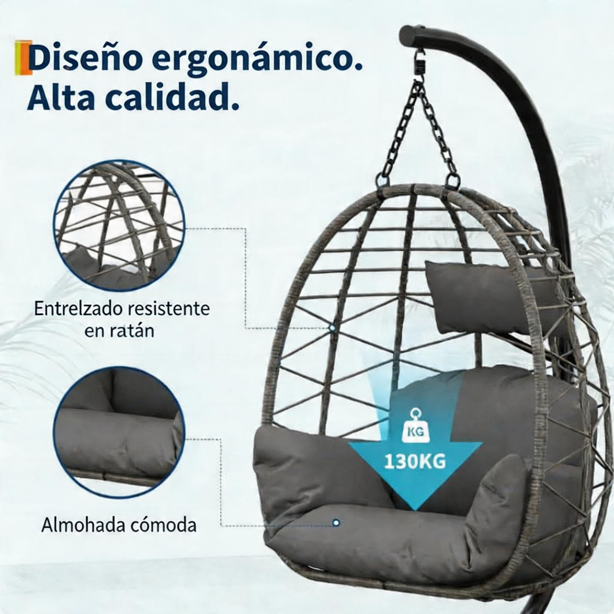 GarveeLife Altalena giardino esterno - Sedia sospesa con supporto completamente metallico, sedia a uovo sospesa con capacità di 150 kg, include cuscini relax per giardino, balcone, patio, colore