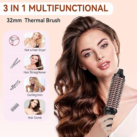Thermal Brush Thermal Brush Heat Brush 3 in 1 32 mm Round Brush Styling Brushes with 160-204°C Compact Curling Brush Double Tension Suitable for Travel Hot Brush for Hair Styling - Comb Curl Straight