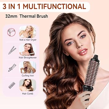 Thermal Brush Thermal Brush Heat Brush 3 in 1 32 mm Round Brush Styling Brushes with 160-204°C Compact Curling Brush Double Tension Suitable for Travel Hot Brush for Hair Styling - Comb Curl Straight