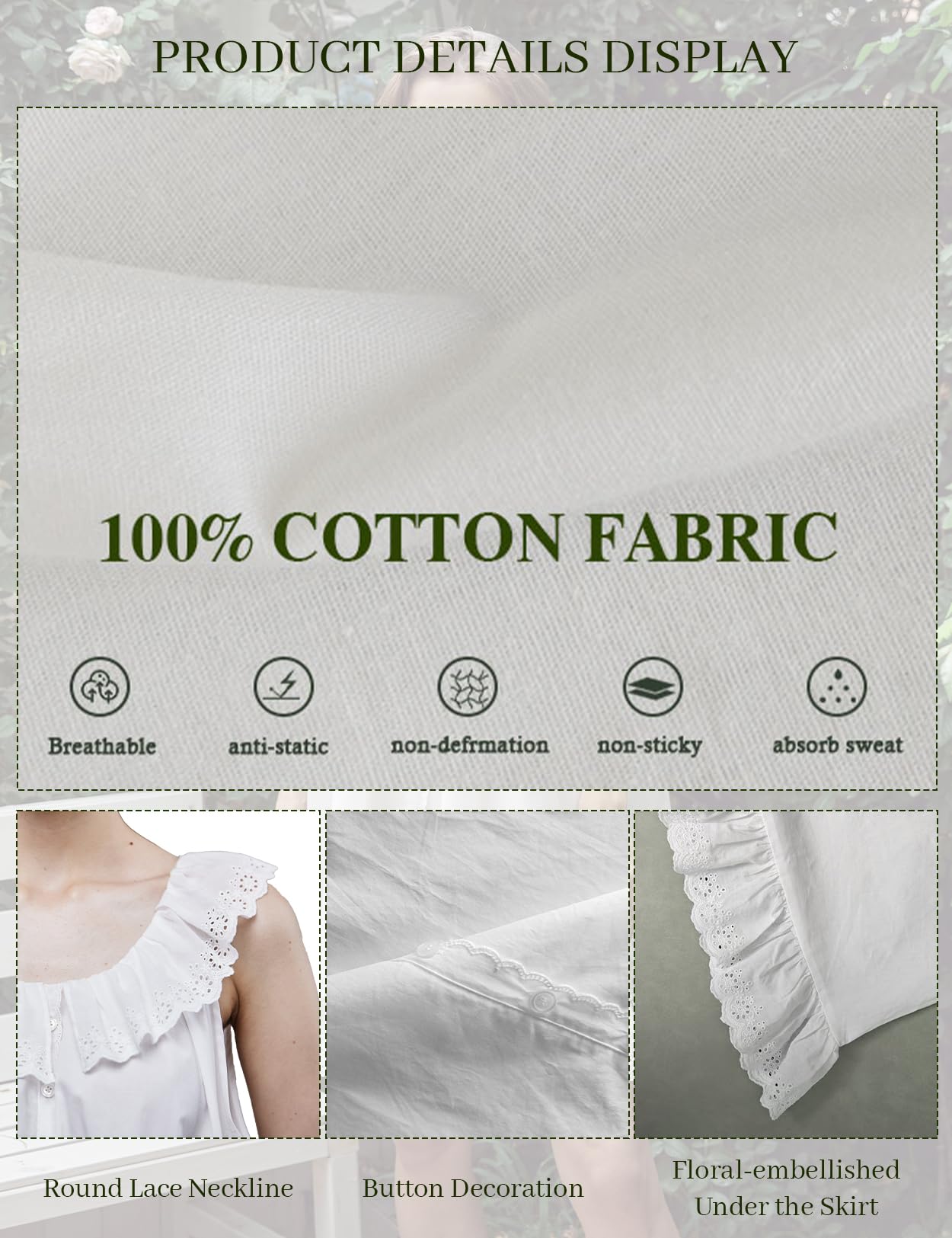 BEAUTELICATE Camicia da Notte Donna Cotone Senza Maniche Nightgown con Scollo Tondo Estiva Vittoriana Abito da Notte Avorio