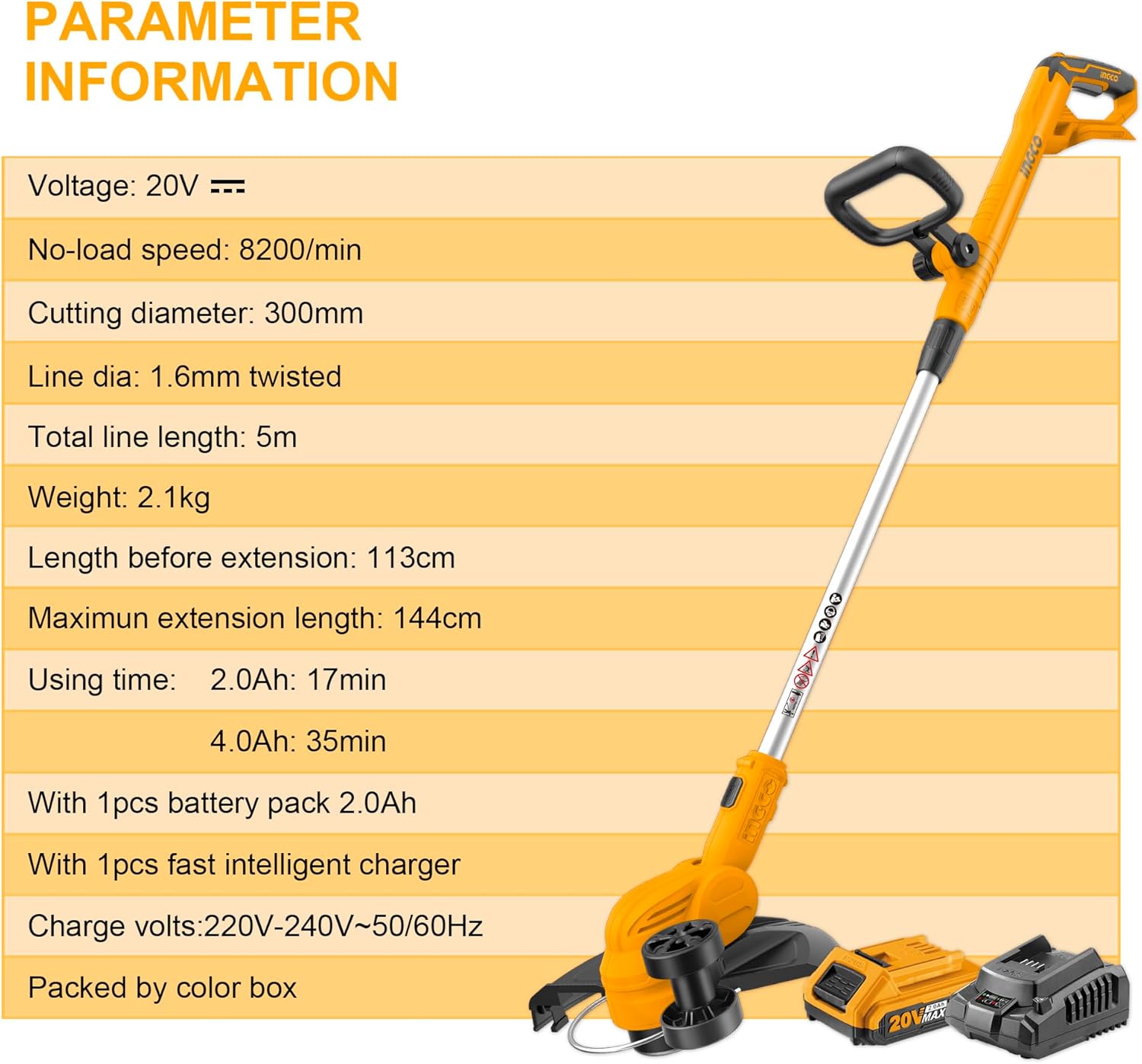 Technical specifications and parameters for the INGCO 20V Cordless Grass Trimmer.