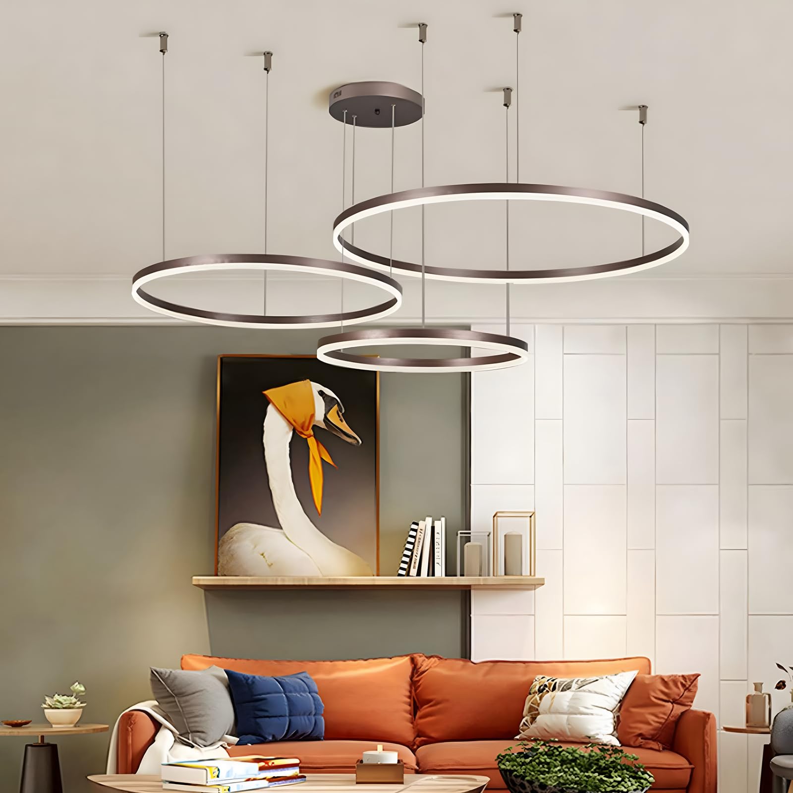 Lustre LED en Métal | 3 Cercles 40+60+80cm | 90W Plafonnier Suspendu Avec Anneaux, Télécommande à Intensité Variable 3000-6000K, Abat-jour en Acrylique Salon Chambre Foyer Salle Manger【Brun】