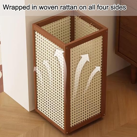 Farmhouse Rattan Weaving Umbrella Stand, Large Capacity Bamboo Umbrella Holder, Umbrellas Stand Rack for Entryway, Umbrellas Holder Bin with Hooks, Canes Walking Sticks Rack(Black)