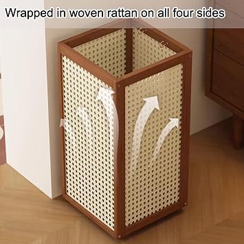 Farmhouse Rattan Weaving Umbrella Stand, Large Capacity Bamboo Umbrella Holder, Umbrellas Stand Rack for Entryway, Umbrellas Holder Bin with Hooks, Canes Walking Sticks Rack(Black)