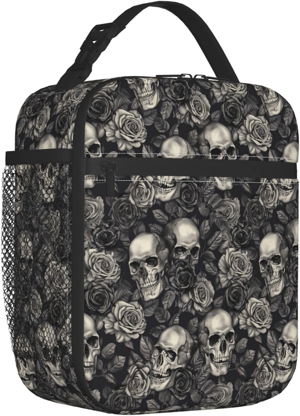 Reusable Gothic Lunch Box for Kids Girls Boys Women Adult, Insulated Skull and Black Grey Rose Lunch Bag,Polyester Cooler Goth Handbags Case for School Picnic Work Travel Beach or Hiking - Image 2