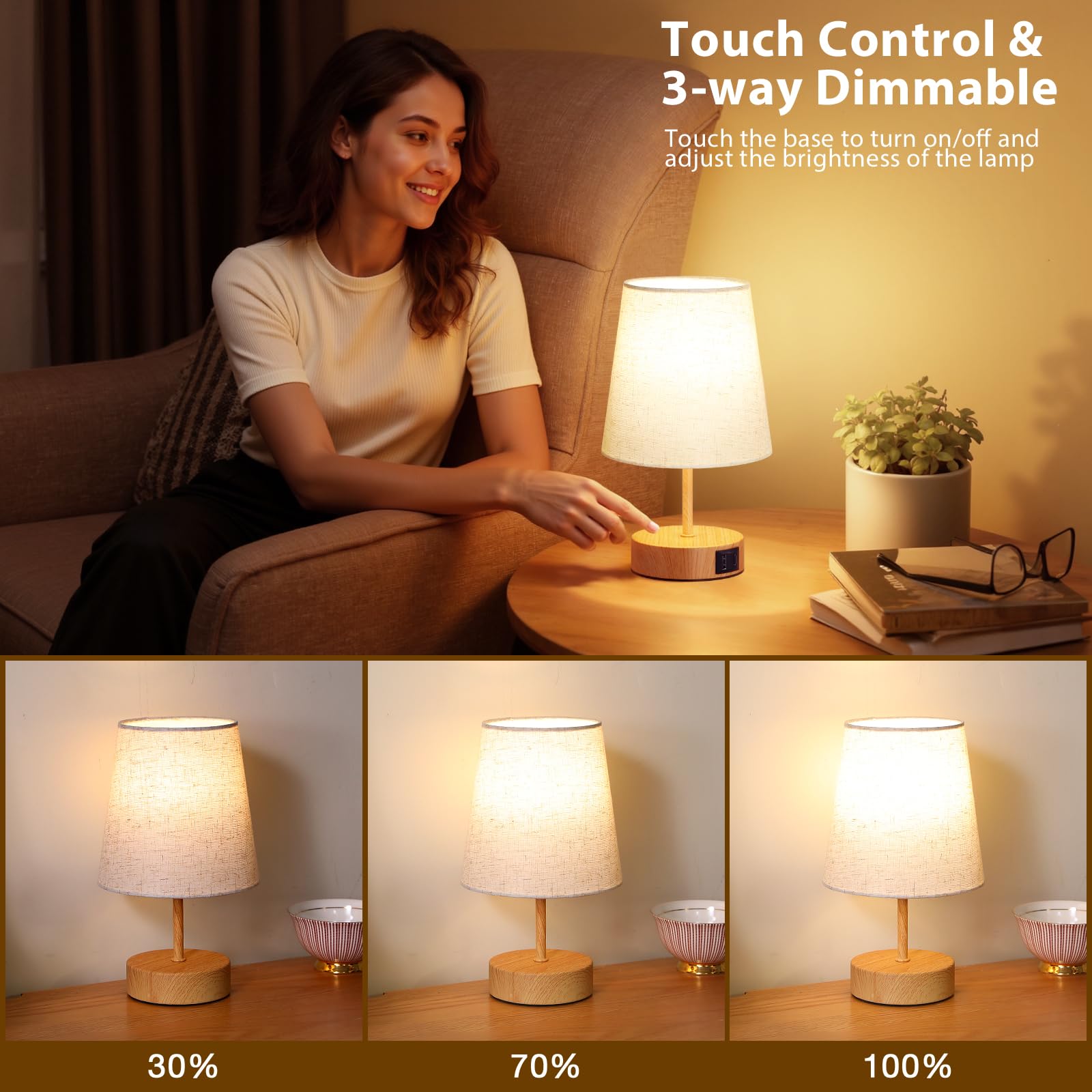 Lámpara de noche táctil (2 unidades, con puertos de carga USB-C+A, intensidad variable de 3 vías, pantalla de lino, pequeña lámpara de mesa para dormitorio, sala de estar infantil, oficina
