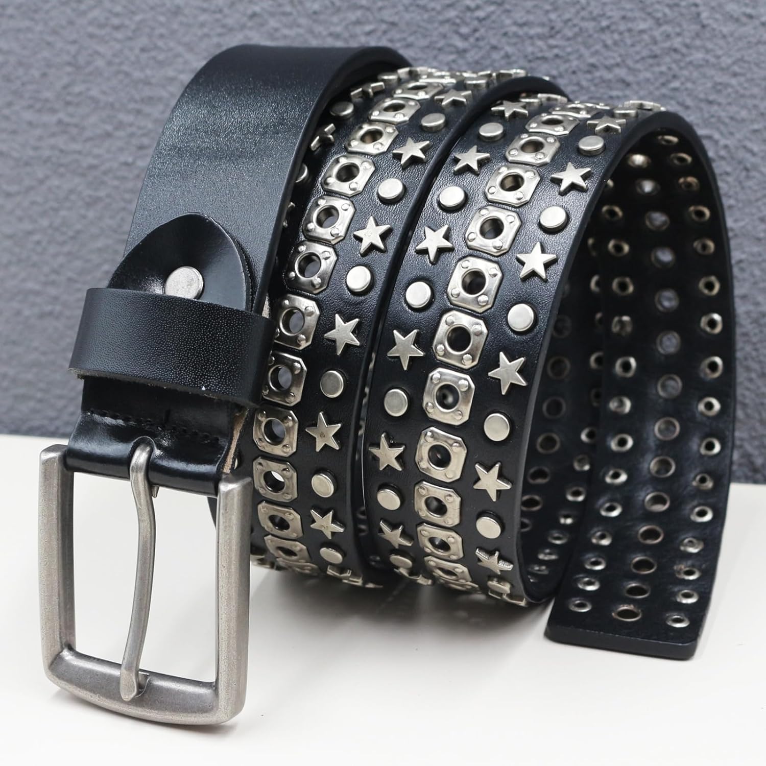 Studded Grommet Belt Metal Punk Rock Round Pentagram Hollow Rivet Leather Strap Gothic Accessories for Jean Pants