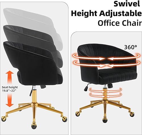 Miniatura 4 de Westice Sillas de escritorio de oficina en casa, moderna silla rodante de terciopelo, silla giratoria de altura ajustable con base dorada, silla