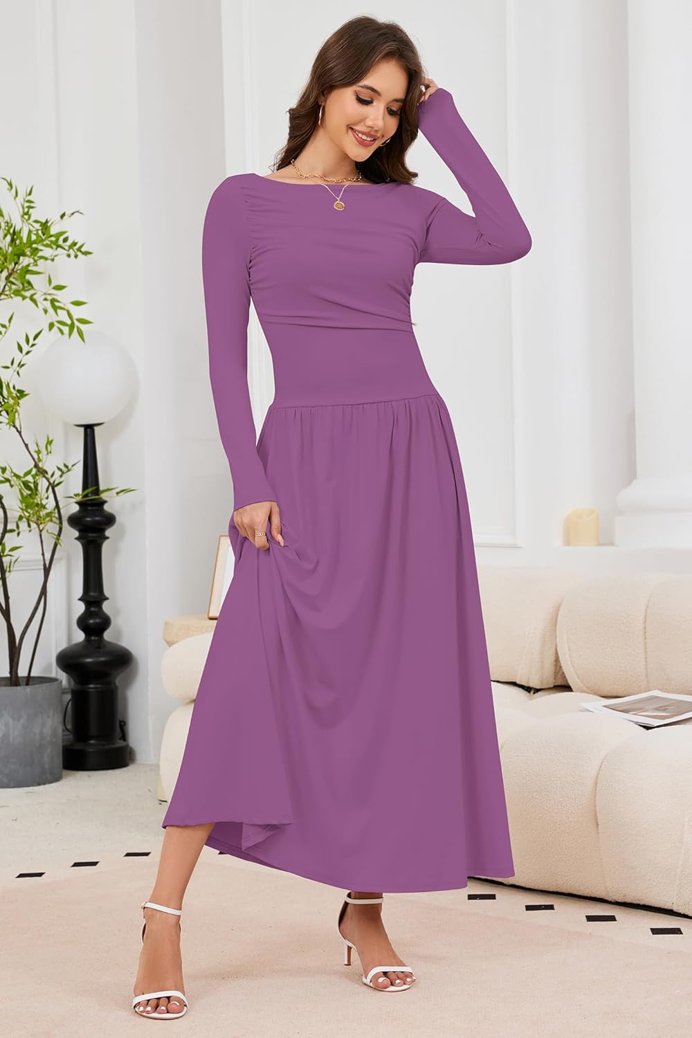 Women's 2025 Fall Long Sleeve Maxi Dress Crewneck Elegant Ruched Waist Casual Slim Pleated A Line Flowy Long Dresses - Image 3