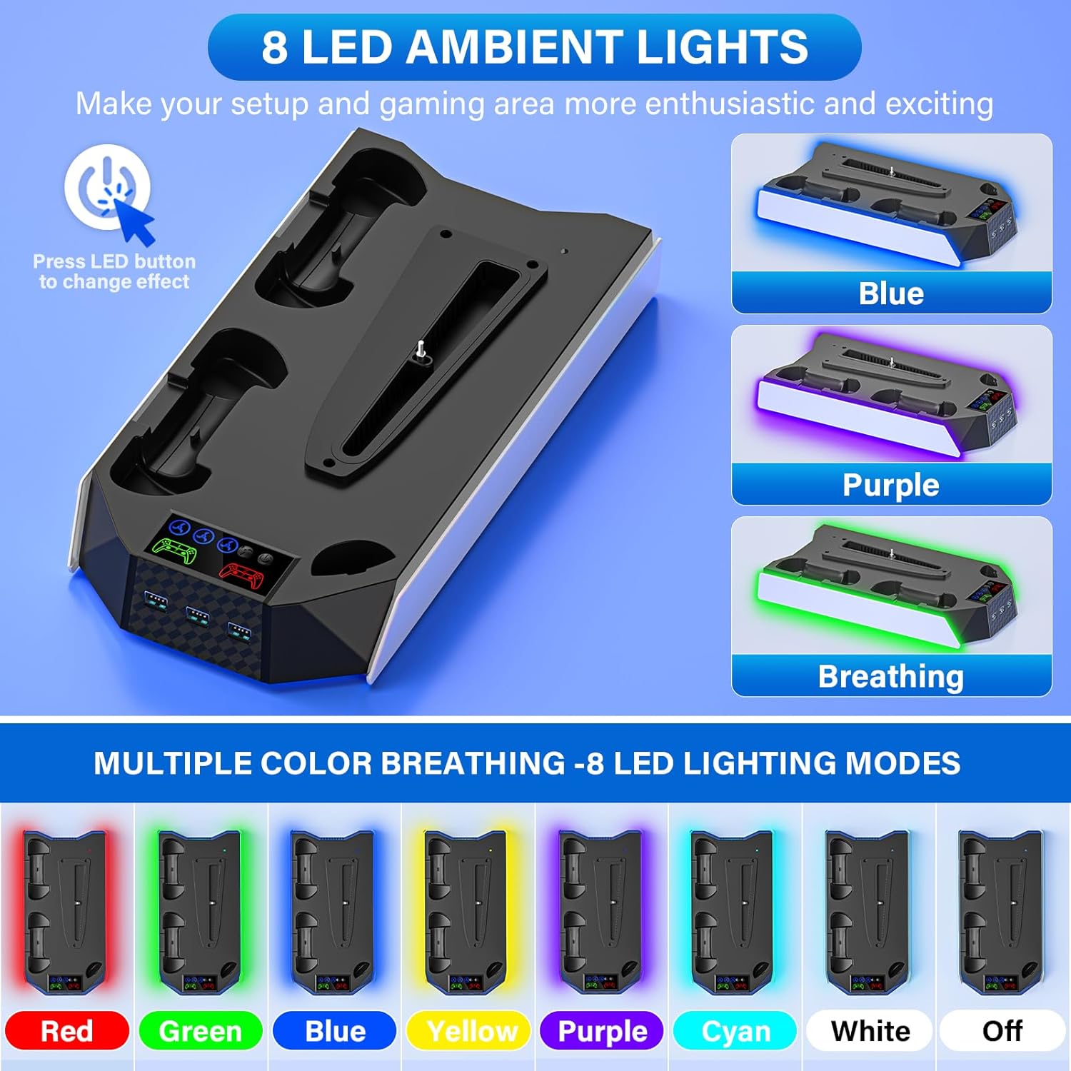 PS5/PS5 Slim Cooling Station with Controller Charging Station for PlayStation 5 Console Disc/Digital, PS 5 Cooling Stand Accessories with LED Light/Charger/Cooler Fan/3 USB Hubs/Headset Holder/Screw
