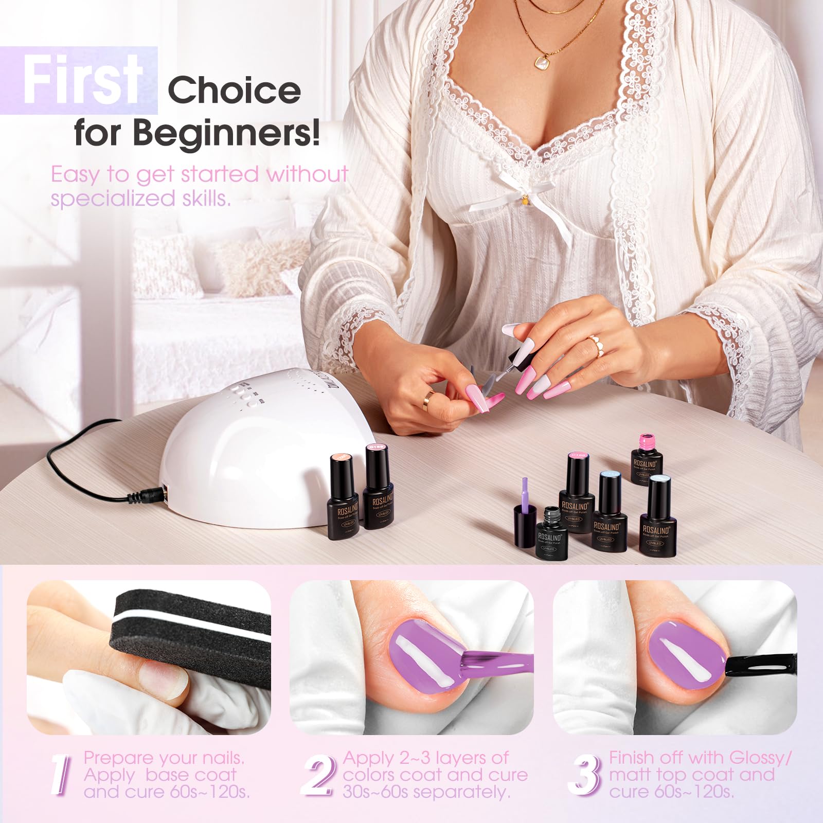 ROSALIND Kit Vernis Semi Permanent avec UV LED Lampe, 12+4 PCS Blanc Rose Bleu Vert Violet Couleurs Vernis Gel, Kit Ongle Gel UV Manucure Cadeau pour Débutant Démarrage