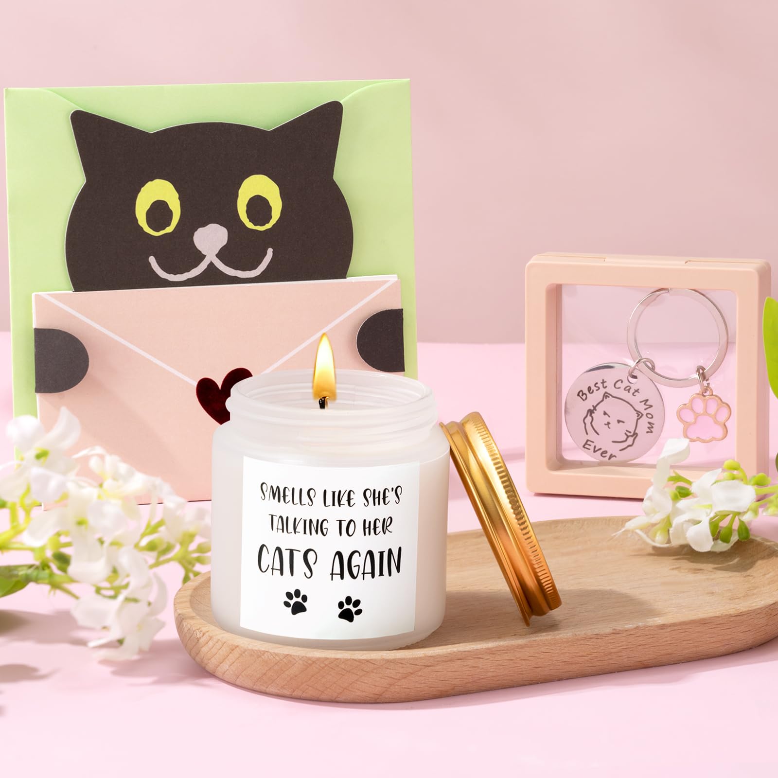 Cat Lover Gifts for Women, Cat Gifts for Women, Cat‘s Themed Gift for Christmas Mothers Day Birthdays, Funny Gift for Cats Lovers for Crazy Cats Lady Mom Daughters with Glass Cup Scented Candle Socks