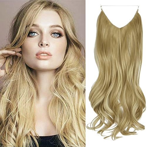 Extensión de cabello con reflejos de rubio cenizo mezcla de rubio decolorado ajustable diadema de alambre secreto ondulado rizado largo sintético 18 Extensión de cabello con reflejos de rubio cenizo mezcla de rubio decolorado ajustable diadema de alambre secreto ondulado rizado largo sintético 18