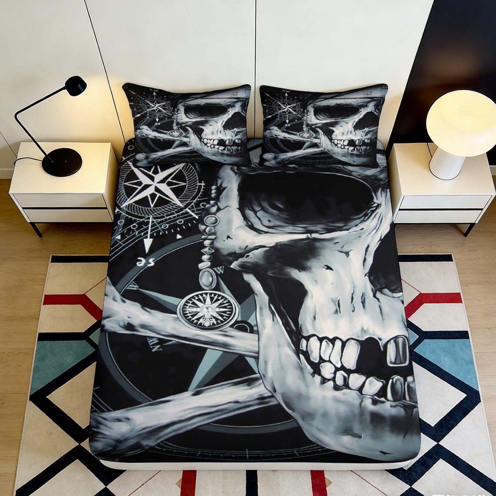 3D Printed Skull Gothic Fitted Sheet Microfiber Black Punk Skeleton Bed Cover for Bedroom Guest Room Decor 90x200x25cm