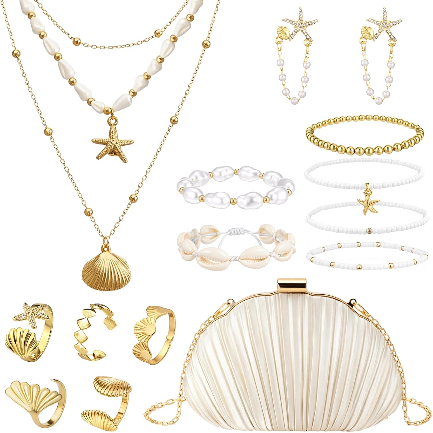 Tondiamo 14 Pcs Seashell Jewelry Set for Women Shell Clutch Purse Summer Beach Layer Necklace Bracelets Rings Earrings Gift