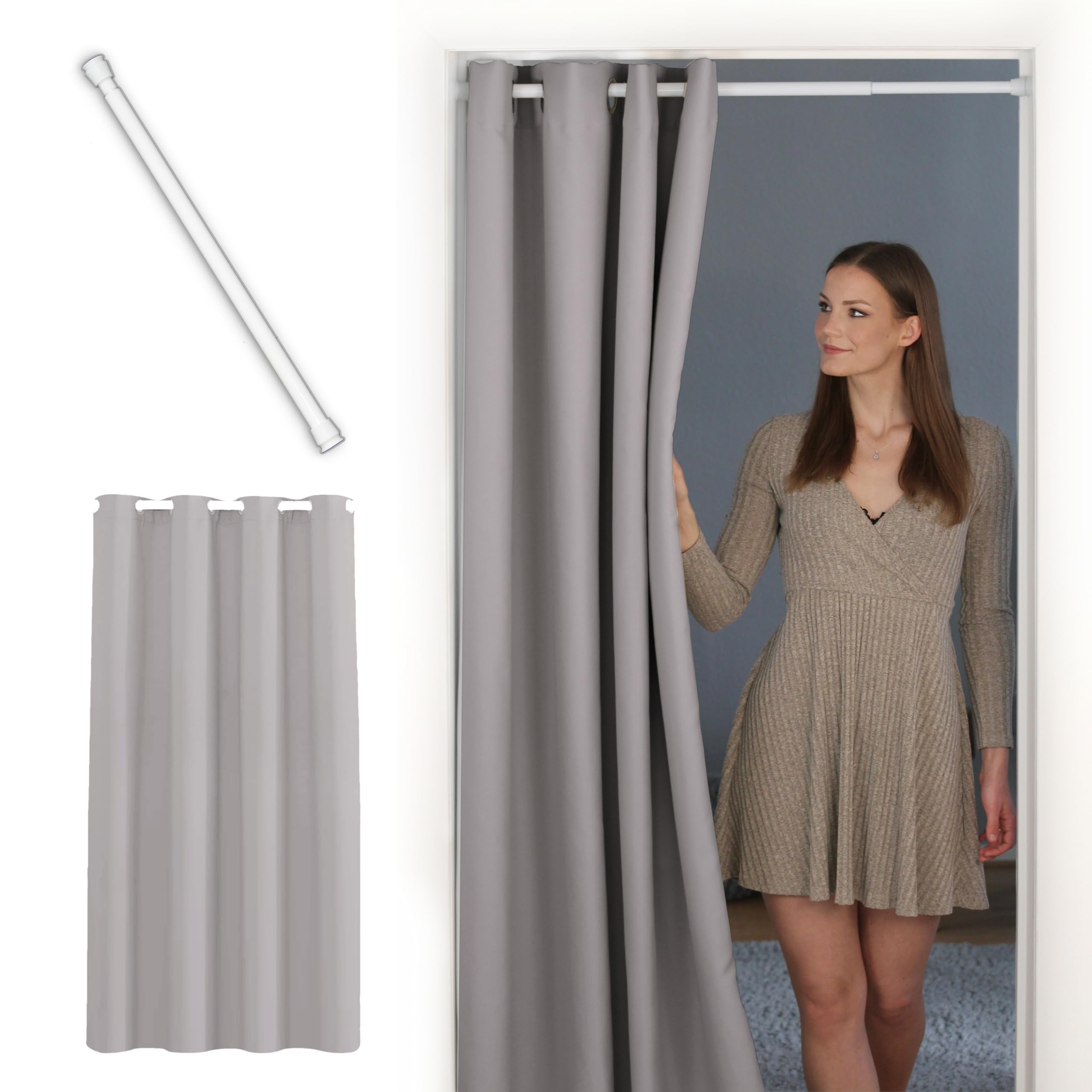 tinycurtains, Thermo Türvorhang mit Teleskopstange, einfache Montage in nur 1 Minute ohne Bohren (Türgardine hellgrau H210 x B150 cm + Stange weiß B70-120 cm)