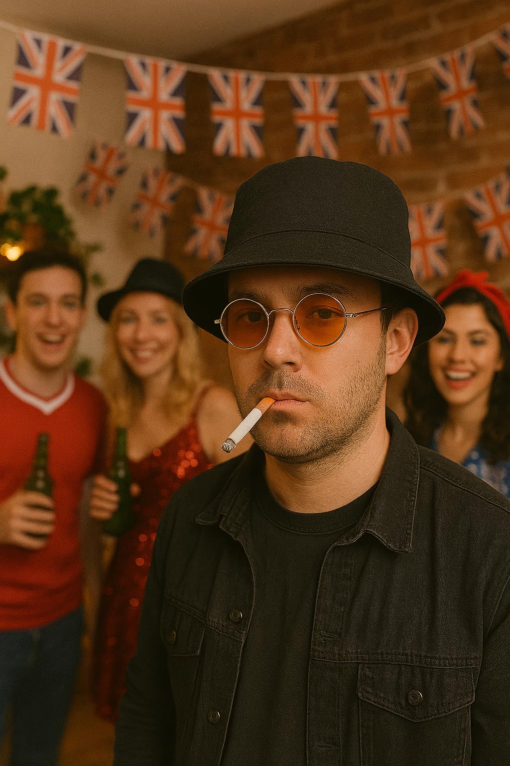 Adults Rock Band Accessory Set, Black Bucket Hat, Round Orange Glasses, 2 Fake Cigarettes - Image 3