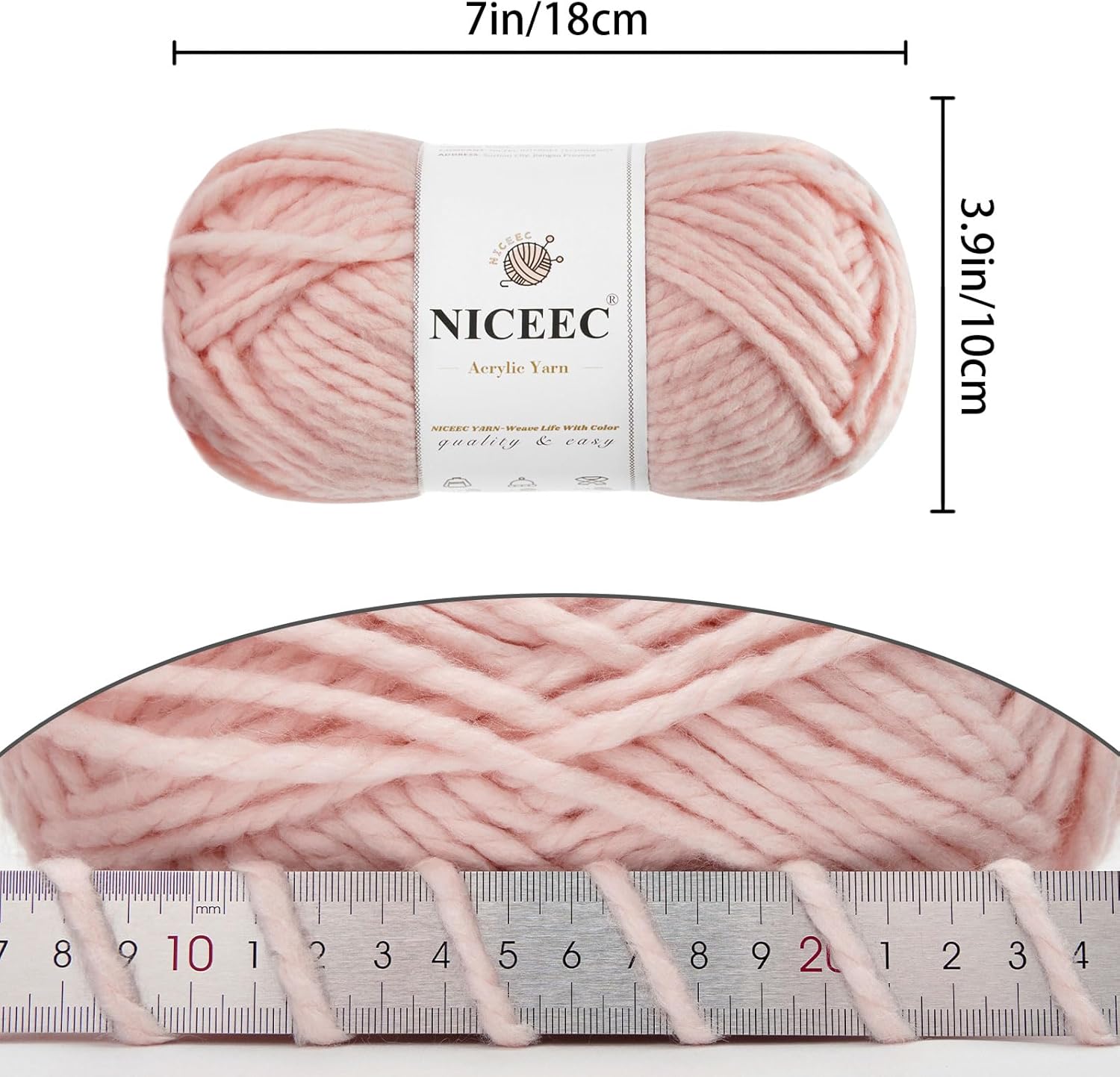 NICEEC 3 Skeins Bulky Acrylic Yarn - Soft, Colorful, Multicolored, Quality, Bulky Yarn for Crochet & Knitting - Total Length 360 yds/16oz - Light Pink